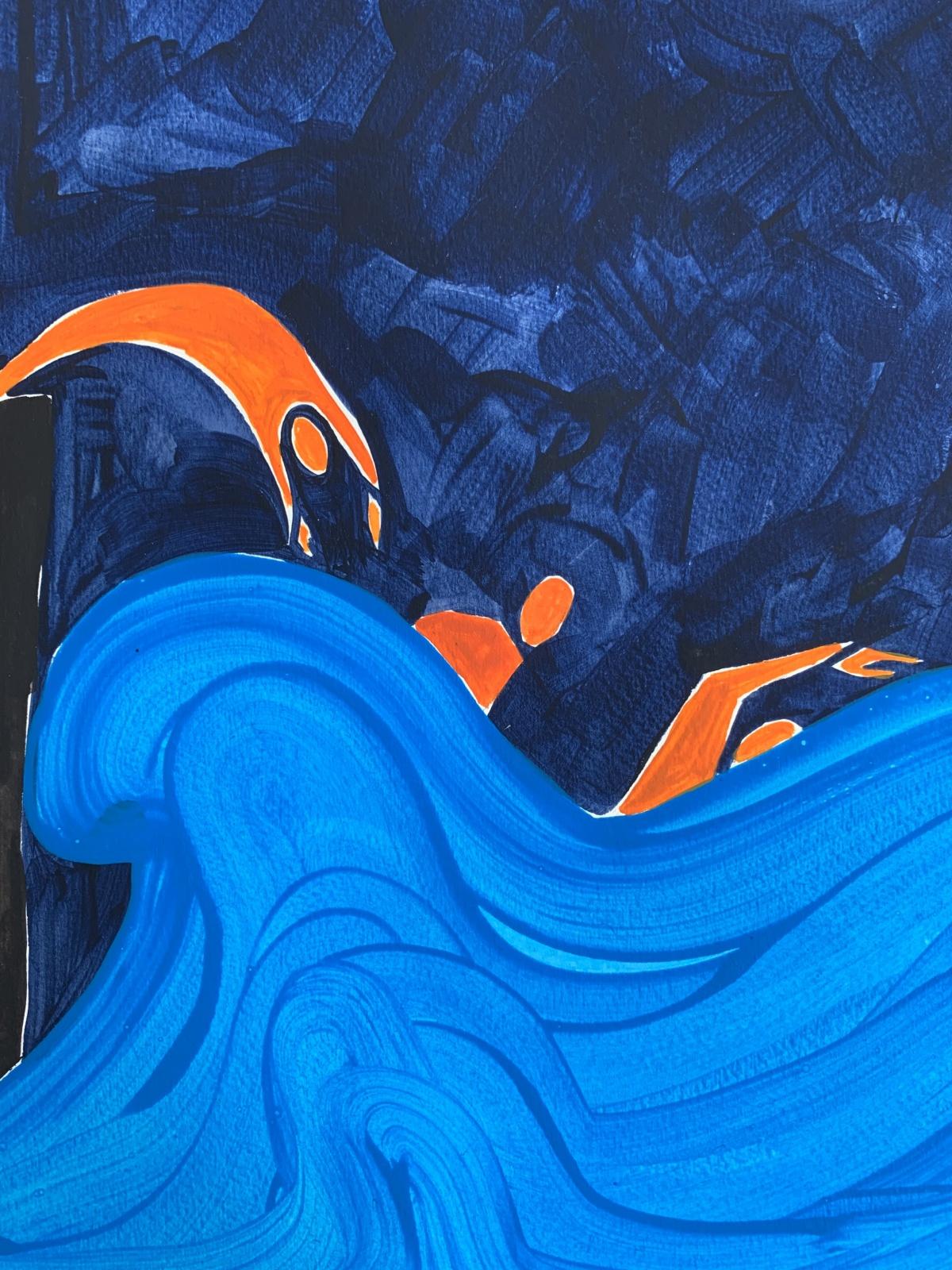 Llegada nocturna. Pintura figurativa sobre papel, Arte joven, Vibrante, Arte europeo - Painting Contemporáneo de Waleria Matelska
