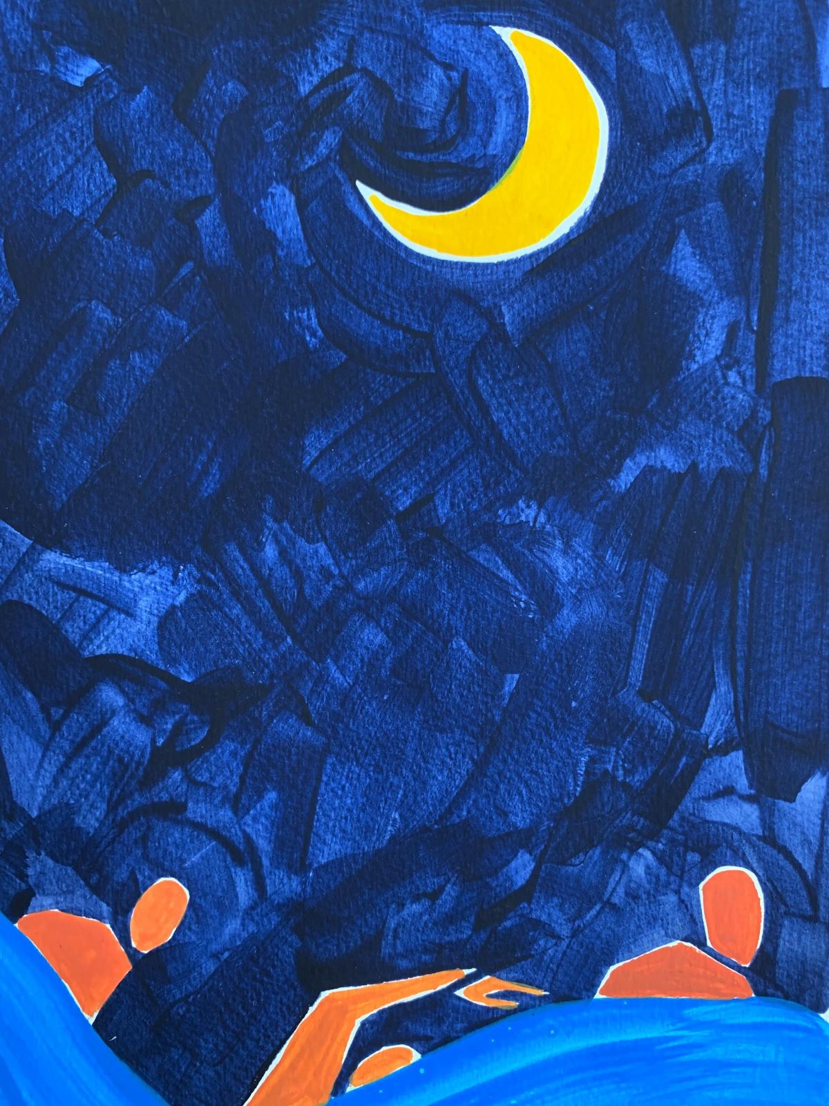 Llegada nocturna. Pintura figurativa sobre papel, Arte joven, Vibrante, Arte europeo - Figurative Painting Azul de Waleria Matelska