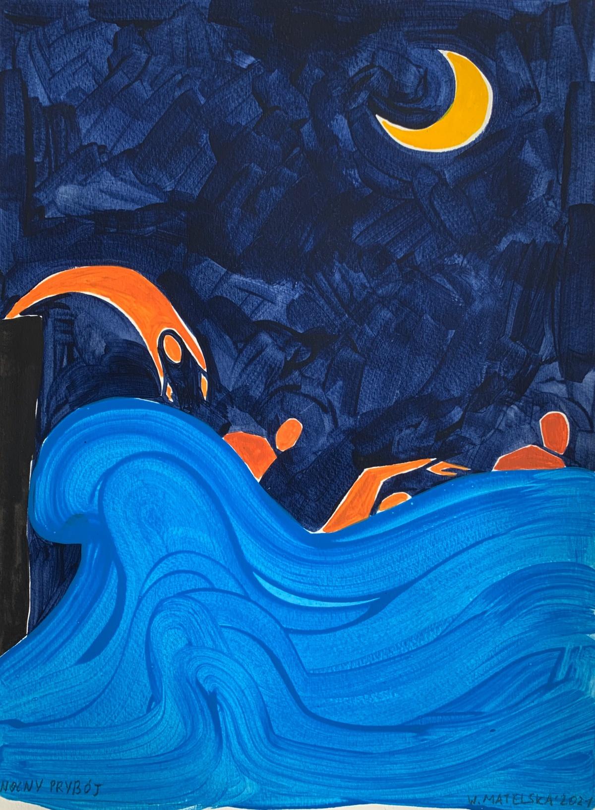 Figurative acrylic on paper painting by young professional European artist Waleria Matelska. Artwork is minimalistic and composed with synthetic shapes. Painting is vibrant- main colors are blue and orange. Scene takes place in the water during