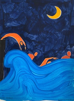 Arrivée dans la nuit. Peinture figurative sur papier, Jeune art, Art européen vibrant,