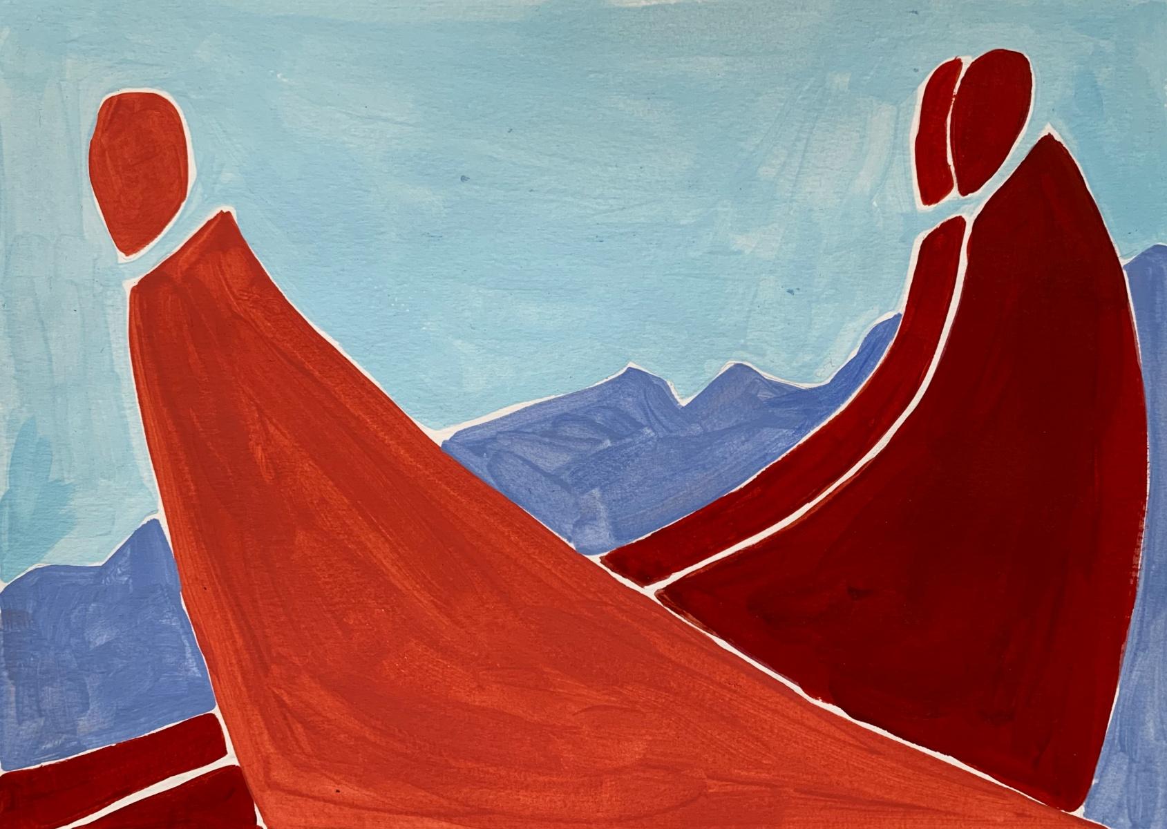 Figurative Painting di Waleria Matelska - Genitori - Pittura figurativa su carta, Minimalismo artistico giovane, vibrante