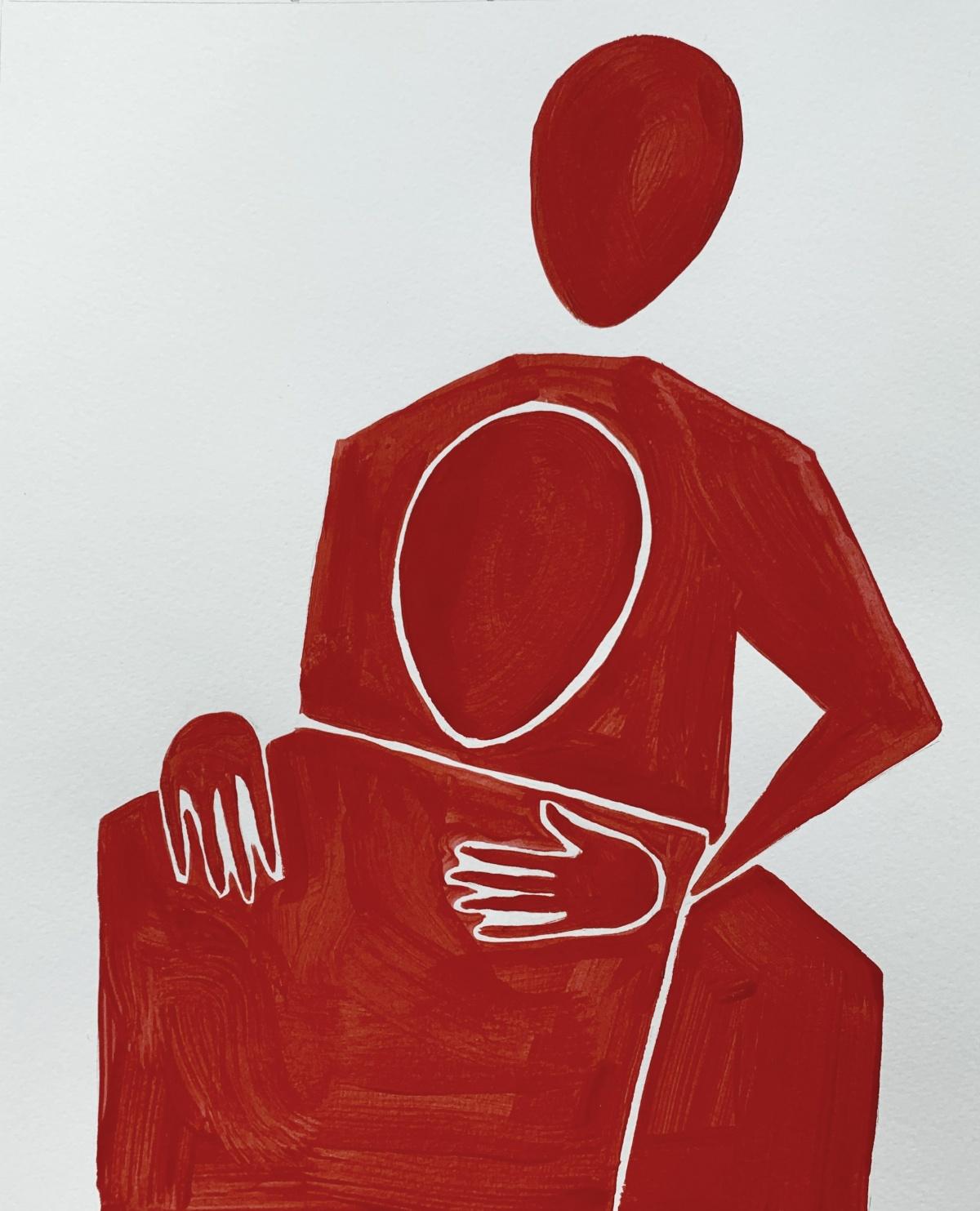 figures rouges - Peinture acrylique figurative, artiste minimaliste, émergent