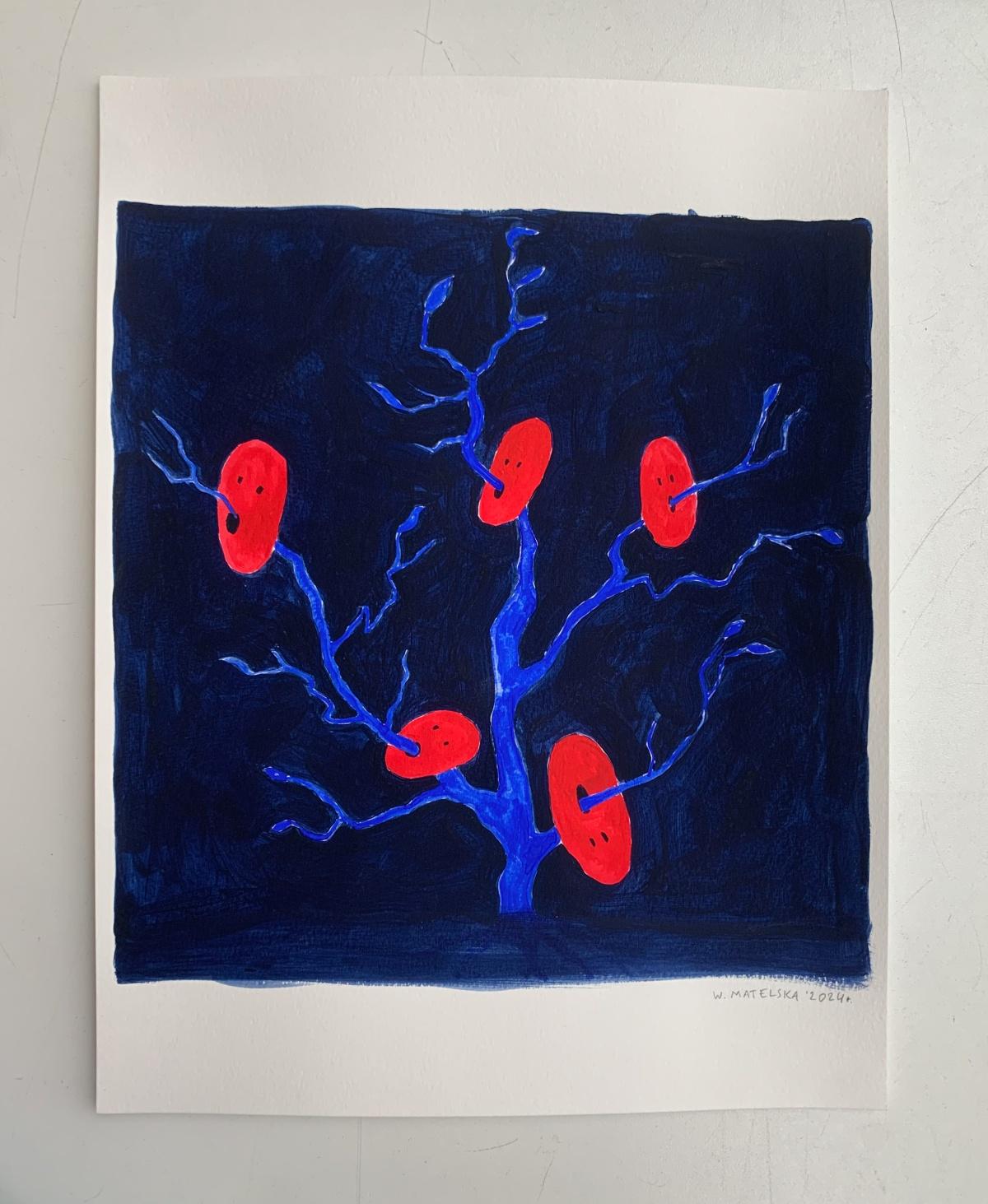 Máscaras rojas. Pintura figurativa sobre papel, Arte joven, Vibrante, Arte europeo - Painting de Waleria Matelska