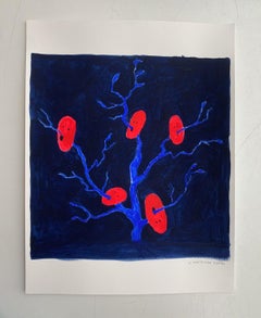 Rote Masken. Figuratives Gemälde auf Papier, junge Kunst, lebhafte, europäische Kunst