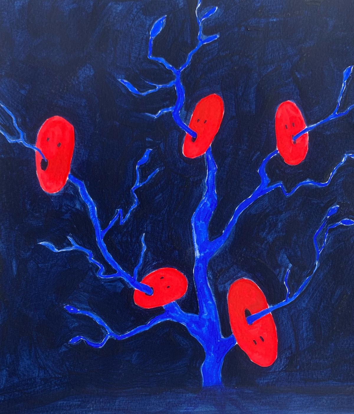 Máscaras rojas. Pintura figurativa sobre papel, Arte joven, Vibrante, Arte europeo - Painting Contemporáneo de Waleria Matelska