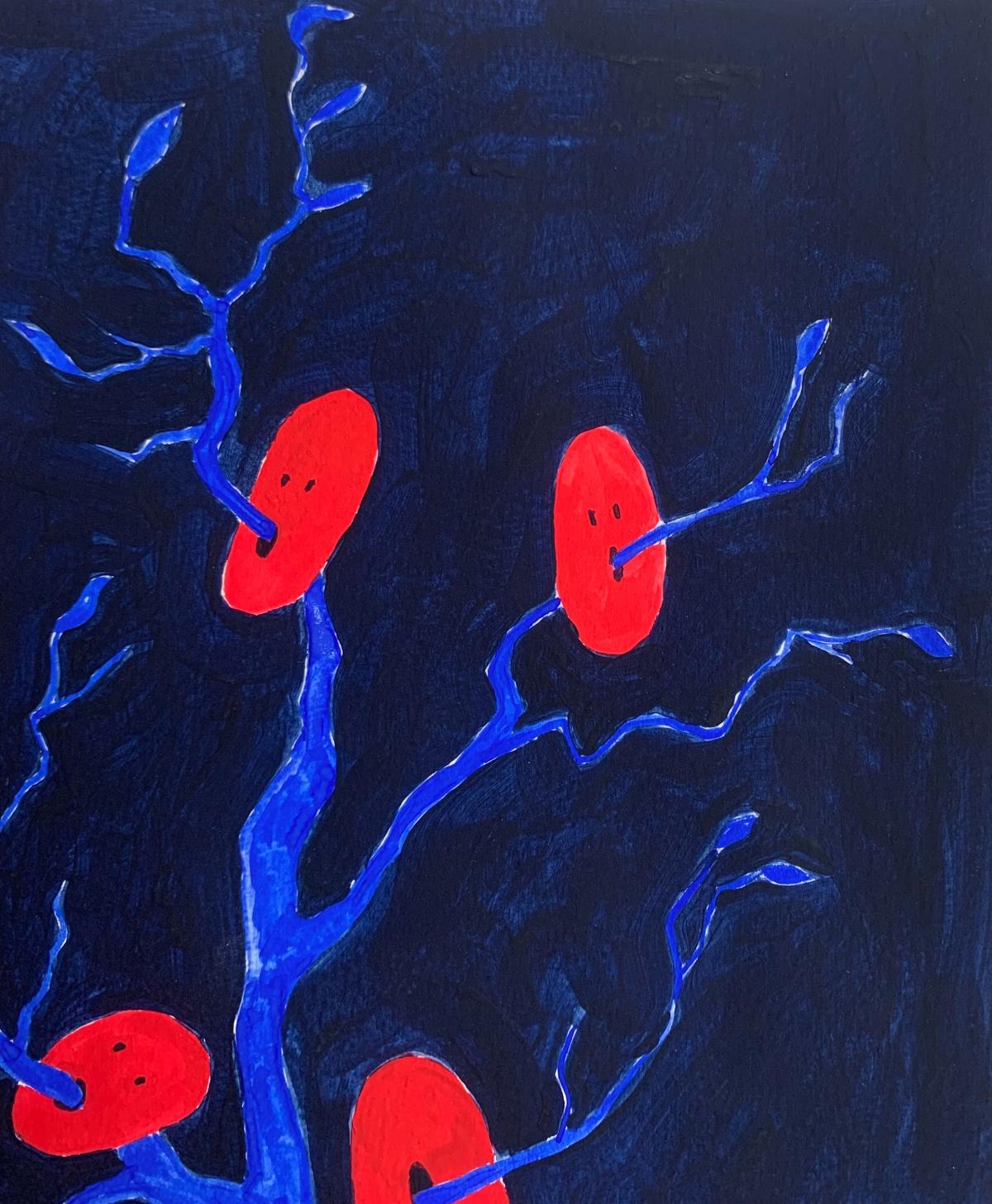 Pintura figurativa al gouache y acrílico sobre papel de la joven artista profesional europea Waleria Matelska. Las ilustraciones son minimalistas y compuestas con formas sintetizadas. La pintura es de color rojo y azul vibrantes. La composición