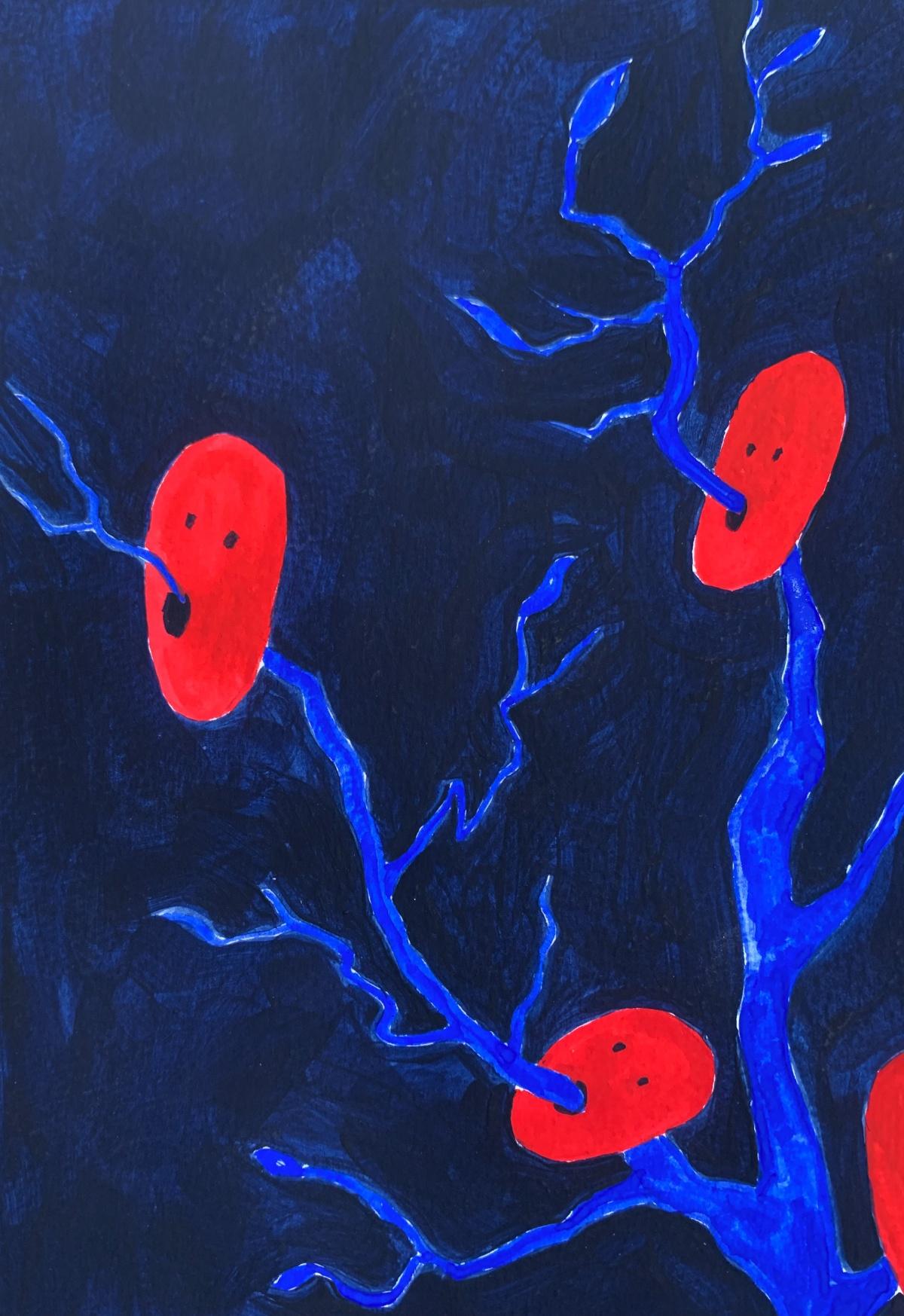 Máscaras rojas. Pintura figurativa sobre papel, Arte joven, Vibrante, Arte europeo en venta 1