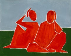 Reflecting - Figurative Painting on Paper, Minimalist, Colorful, Vibrant