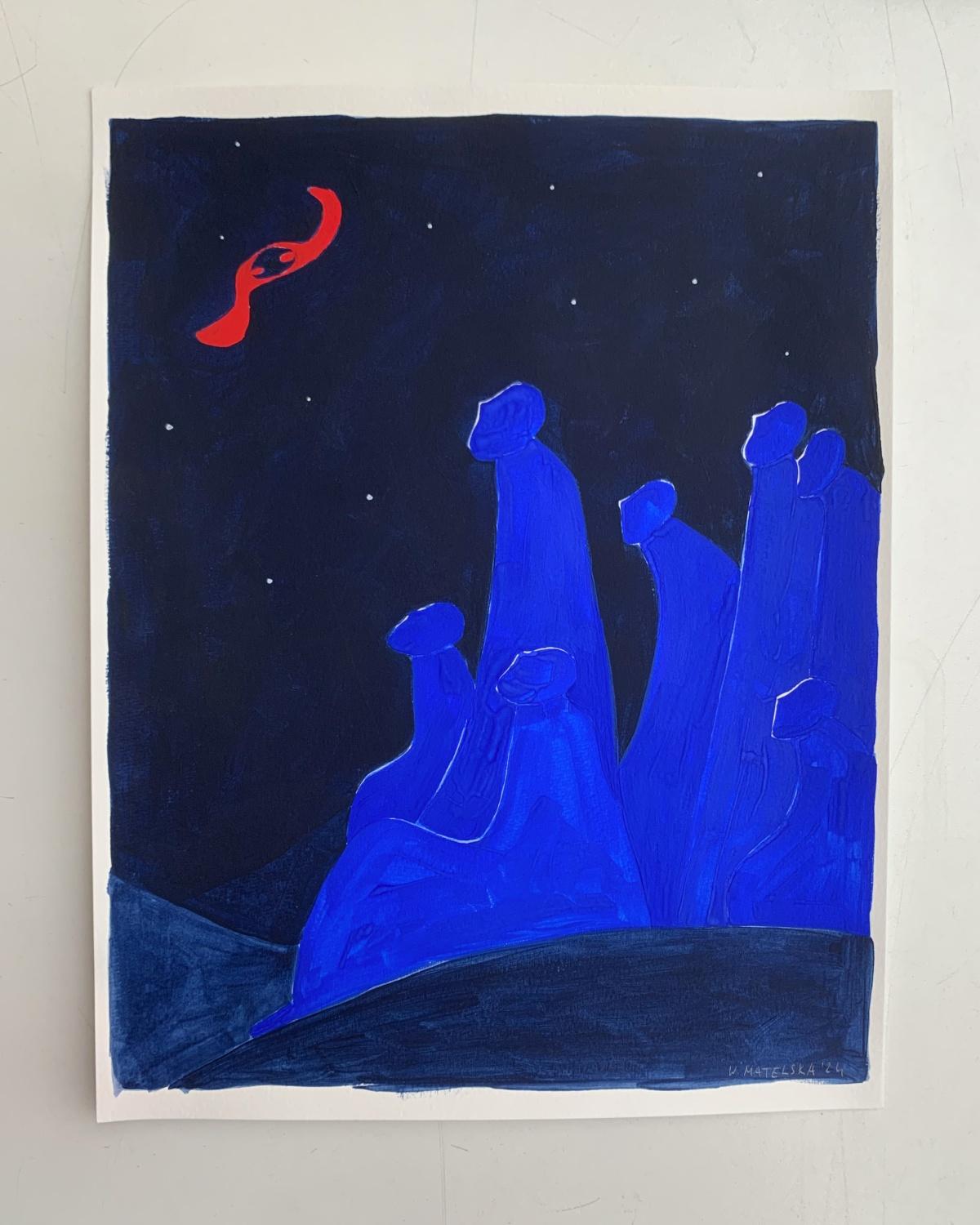Noche estrellada. Pintura figurativa sobre papel, Arte joven, Vibrante, Arte europeo - Painting de Waleria Matelska