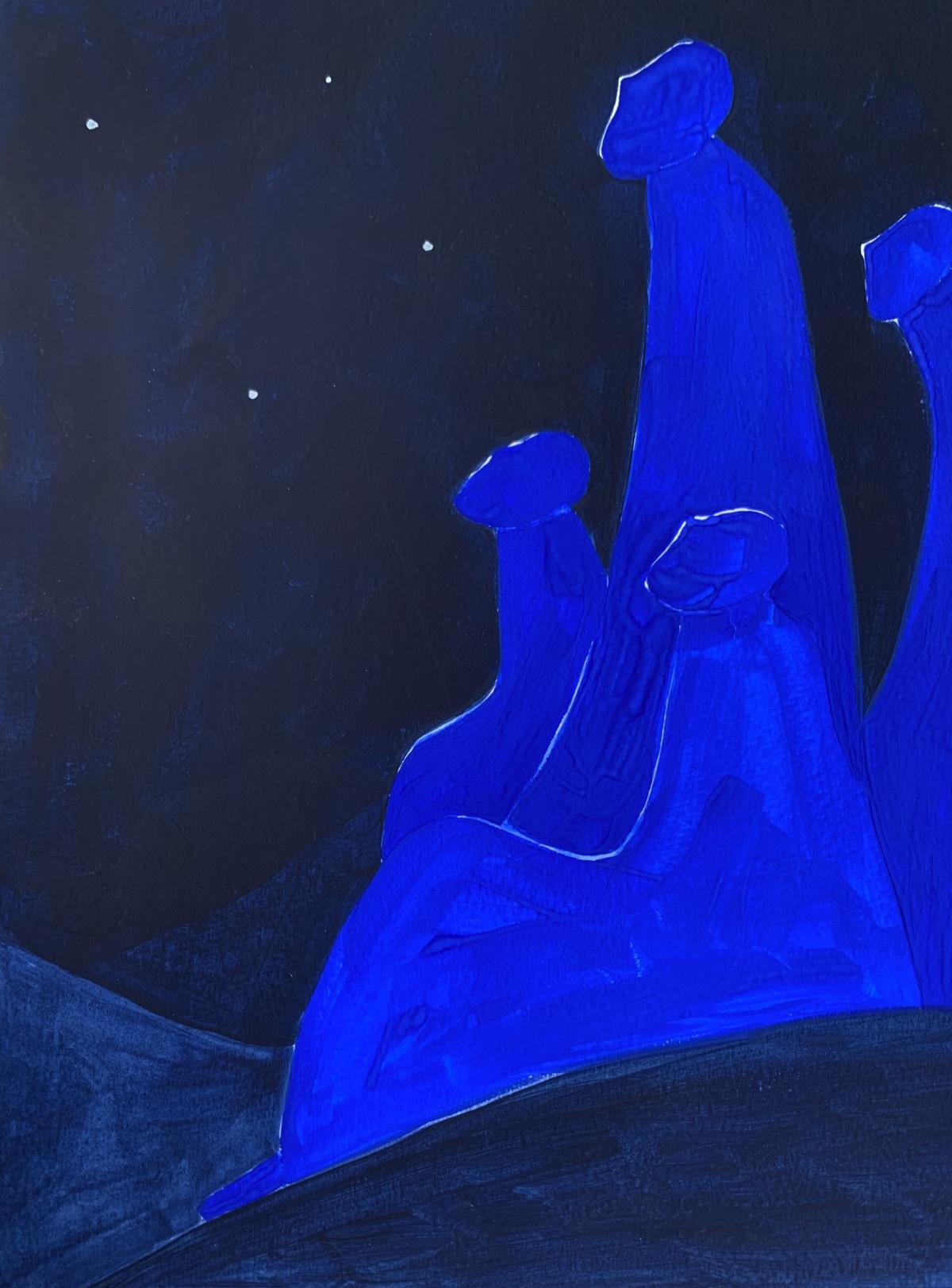 Pintura figurativa al gouache y acrílico sobre papel de la joven artista profesional europea Waleria Matelska. Las ilustraciones son minimalistas y compuestas con formas sintetizadas. La pintura es de color rojo y azul vibrantes. La composición