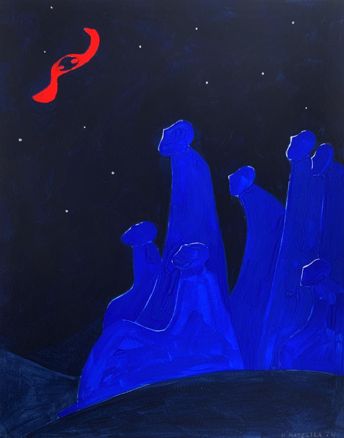 Notte stellata. Pittura figurativa su carta, Arte giovane, Vibrante, Arte europea