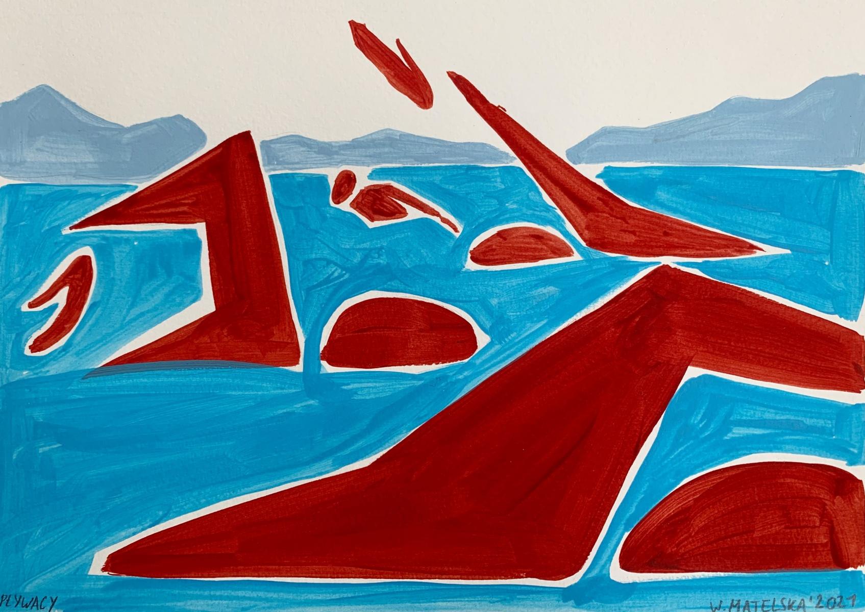Figurative acrylic on paper painting by young professional European artist Waleria Matelska. Artwork is minimalistic and composed with synthetic shapes. Painting is vibrant- main colors are blue and red. Scene takes place in the water during day