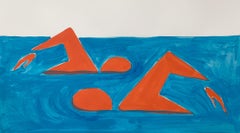Swimming couple - Figurative Painting on Paper, Young art Minimalism, Vibrant 