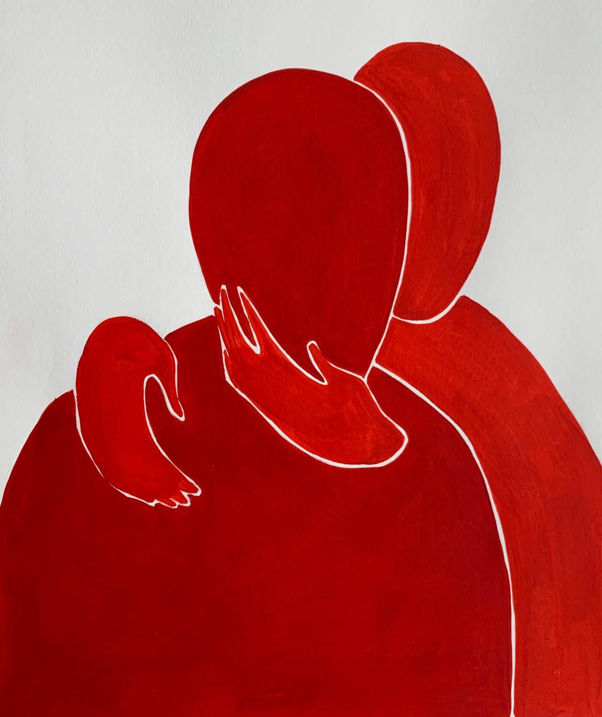 Figurative acrylic on paper painting by young professional European artist Waleria Matelska. Artwork is minimalist and composed with synthesized shapes. Painting is vibrant red. Composition depicts of two figures of which one is hugging another. 