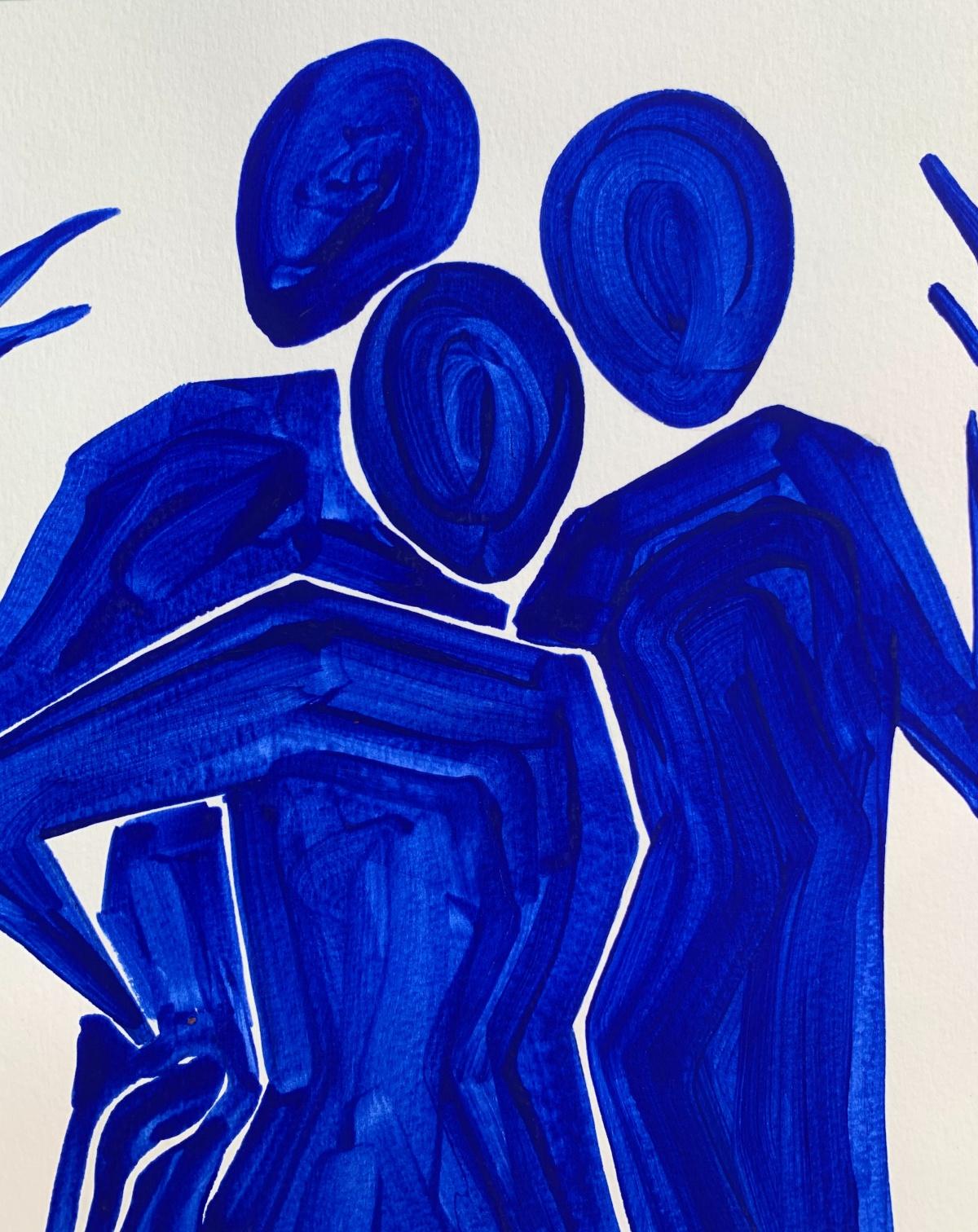 Three blue figures - Figurative Painting on Paper, Minimalist, Colorful, Vibrant 1