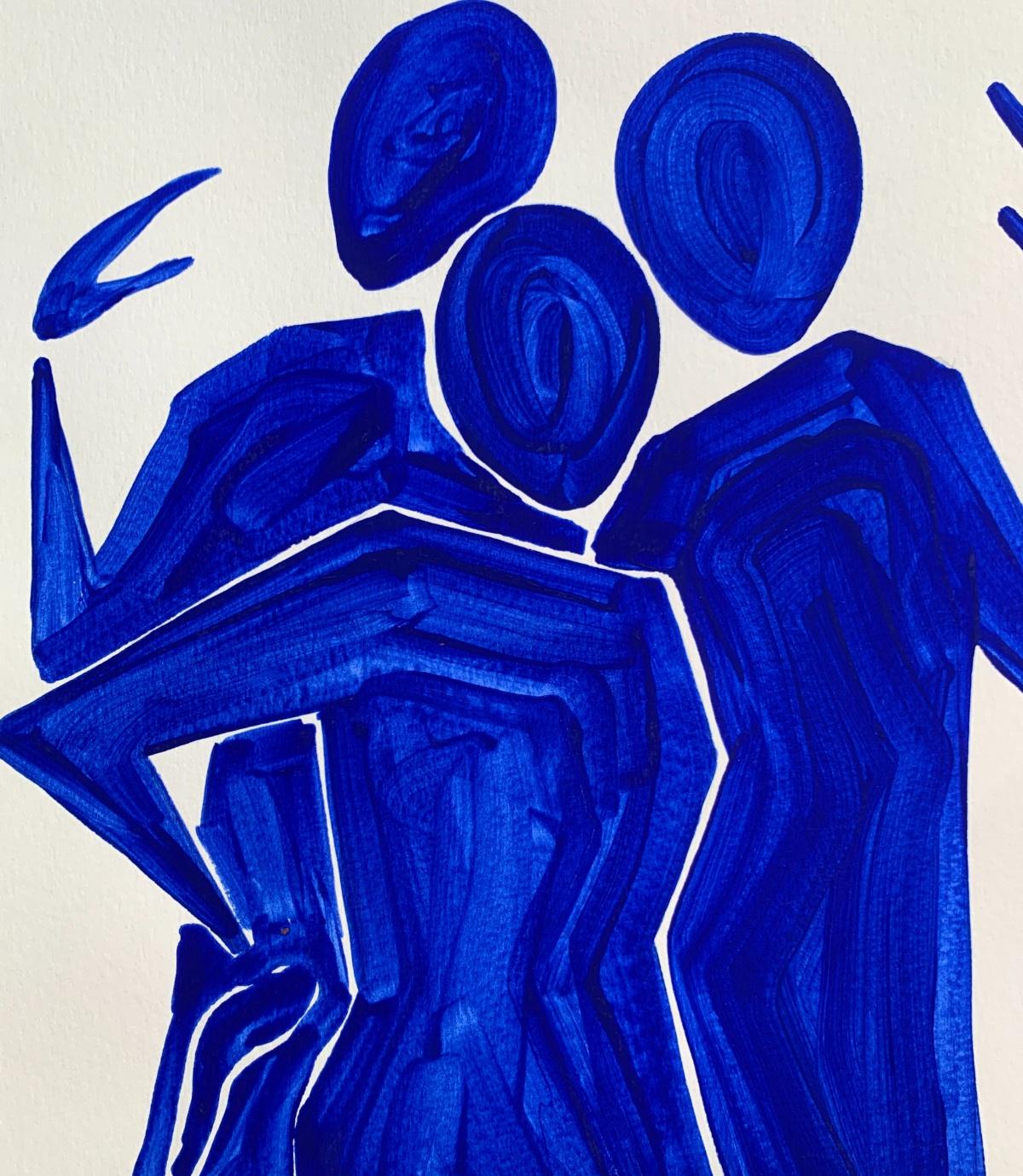 Three blue figures - Figurative Painting on Paper, Minimalist, Colorful, Vibrant 2
