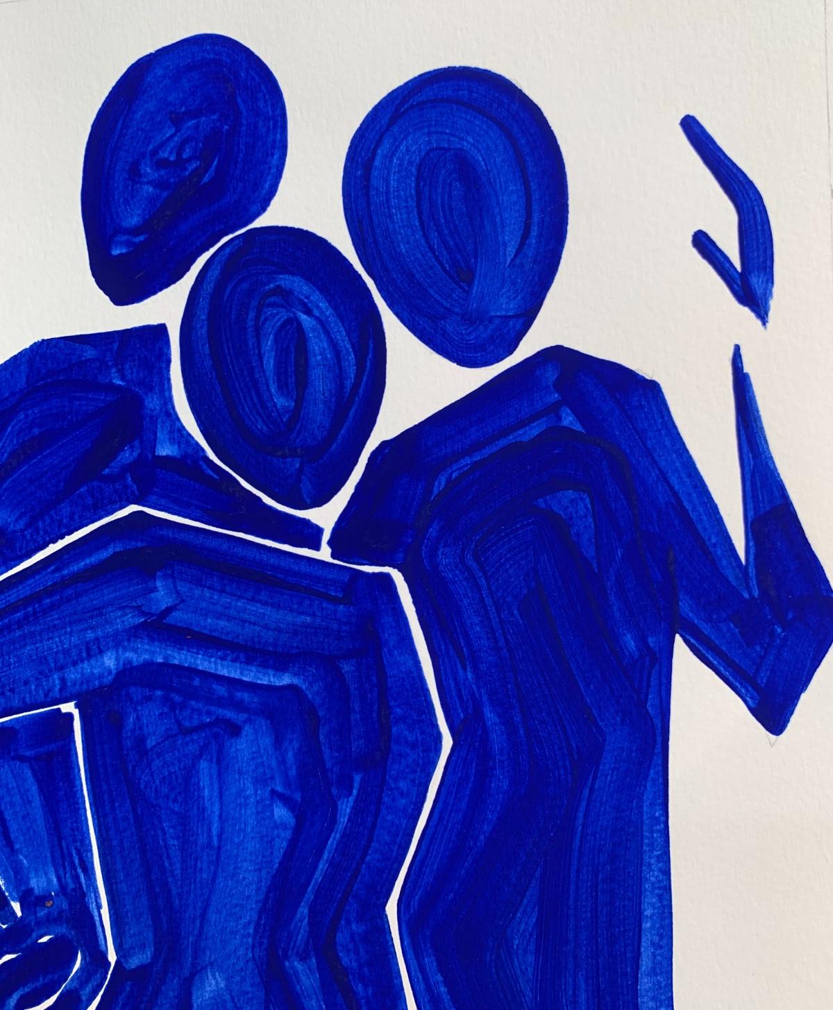 Three blue figures - Figurative Painting on Paper, Minimalist, Colorful, Vibrant 3