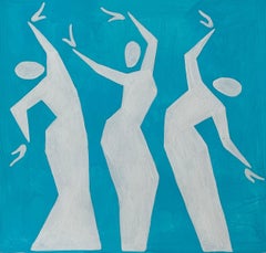 waleria matelska Three Graces - Figurative Painting on Paper, Minimalist, Colorful, Vibrant, Blue