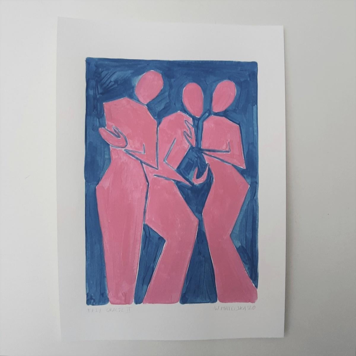 Trois Grâces - Peinture figurative sur papier, jeune art minimaliste, vibrante  - Painting de Waleria Matelska