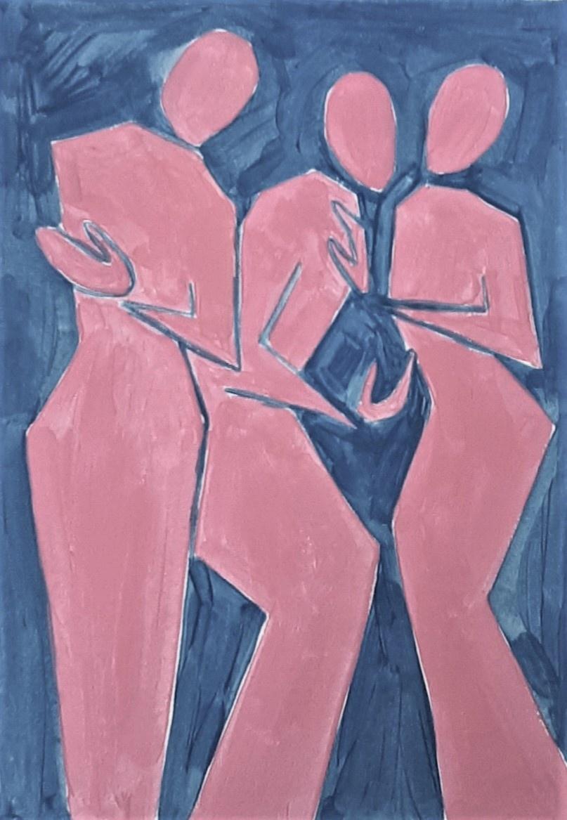 Abstract Painting Waleria Matelska - Trois Grâces - Peinture figurative sur papier, jeune art minimaliste, vibrante 