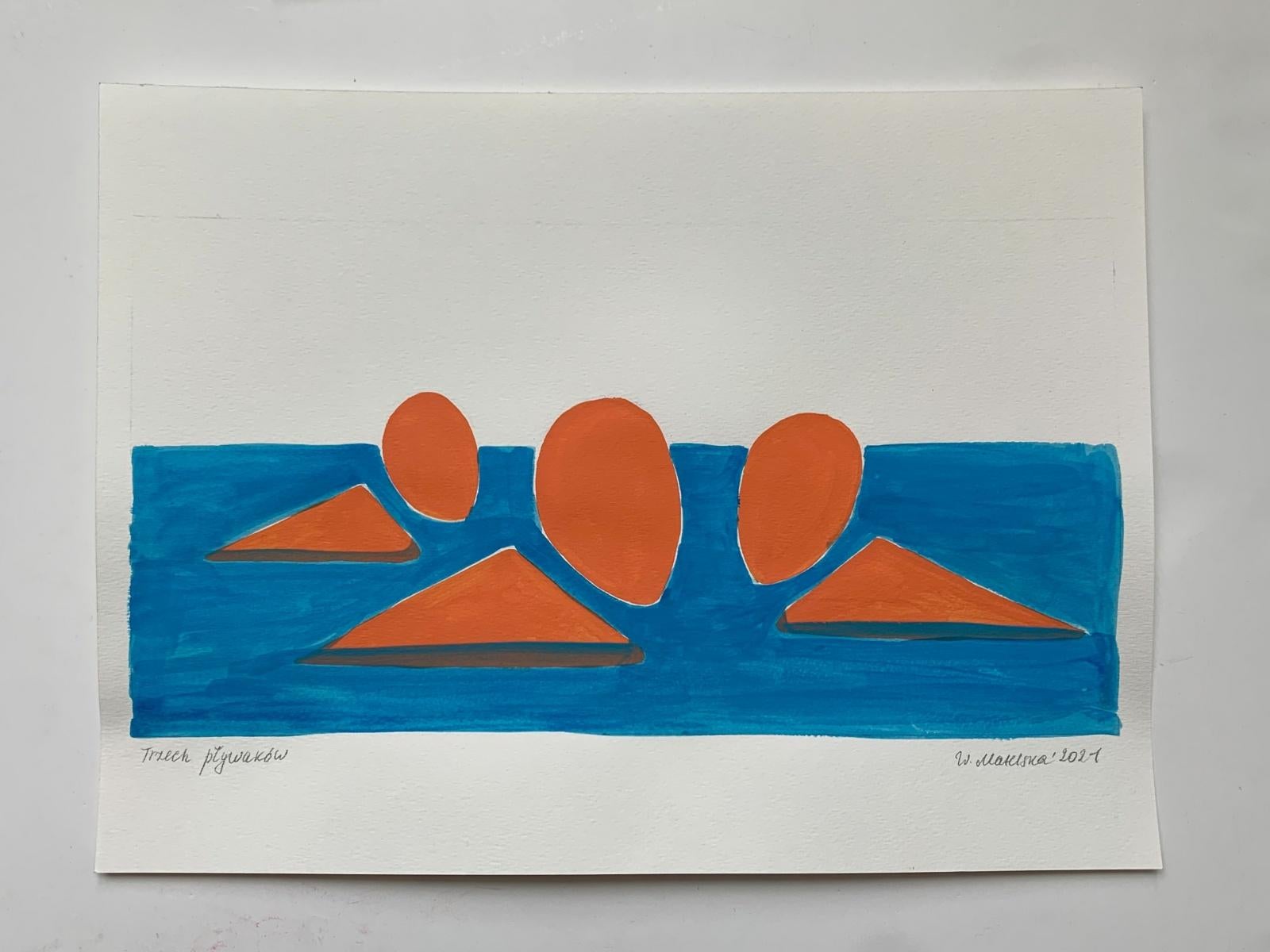 Three swimmers - Figurative Painting on Paper, Young art Minimalism, Vibrant  For Sale 1