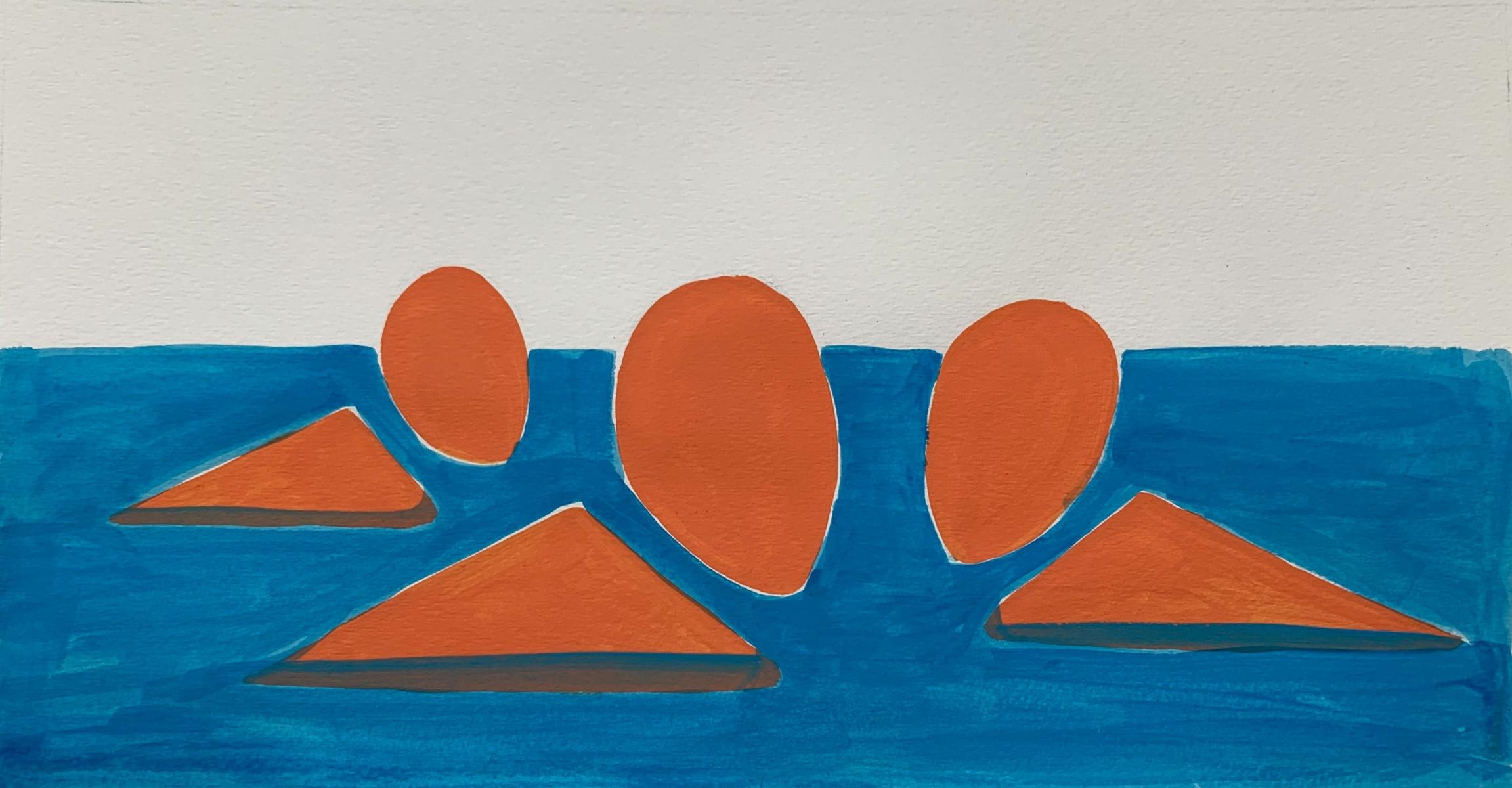 Three swimmers - Figurative Painting on Paper, Young art Minimalism, Vibrant 