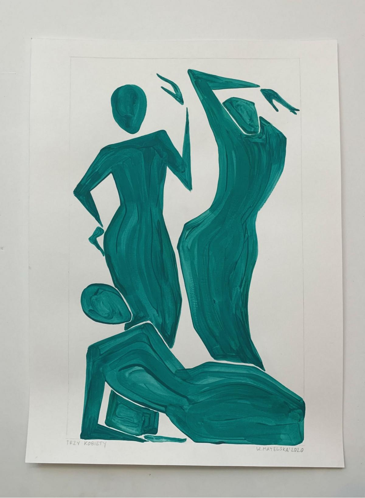 Tres mujeres - Pintura figurativa sobre papel, Arte joven Minimalismo, Vibrante - Painting de Waleria Matelska