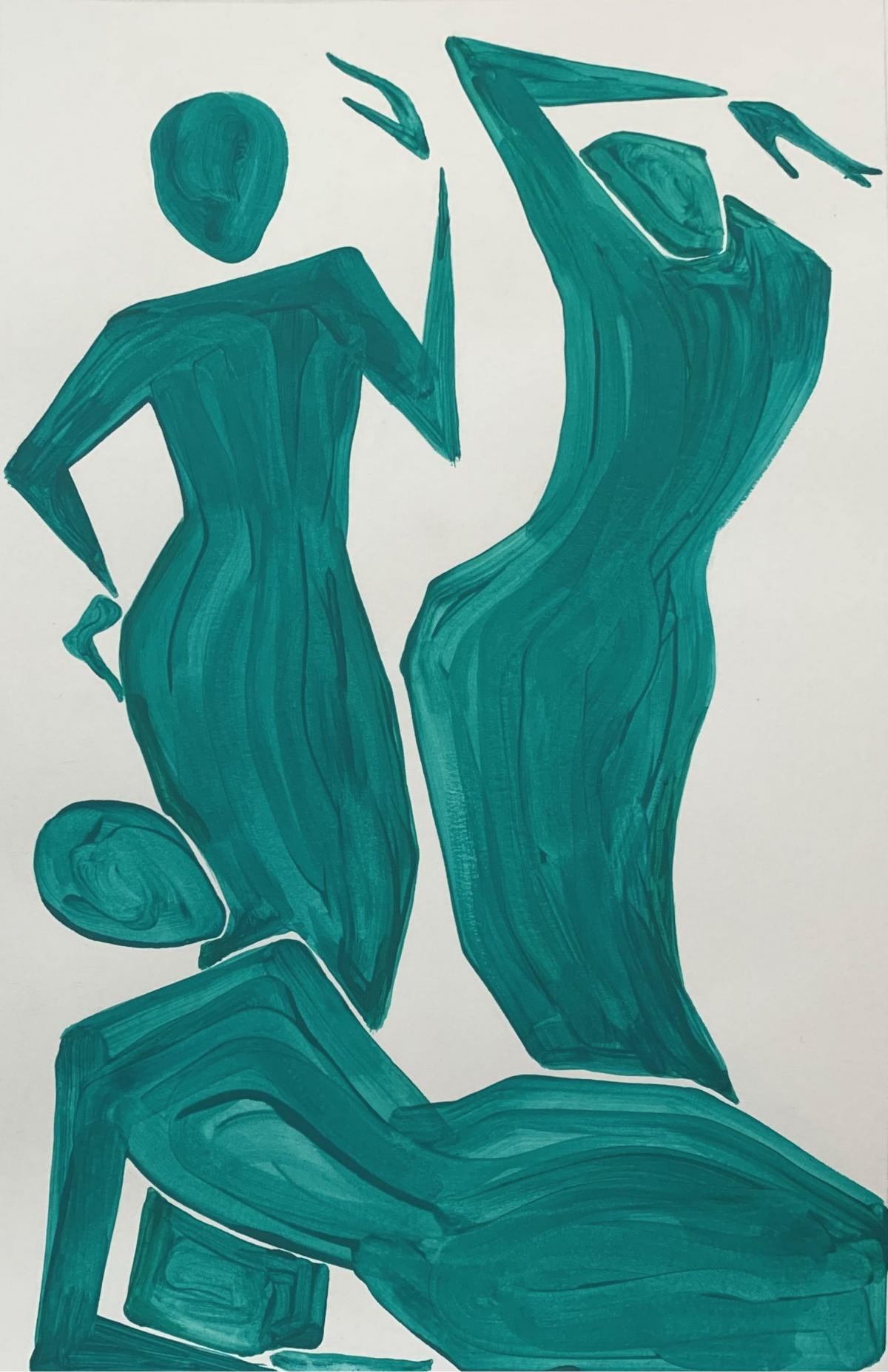 Abstract Painting Waleria Matelska - Trois femmes - Peinture figurative sur papier, jeune art minimaliste, vibrante 