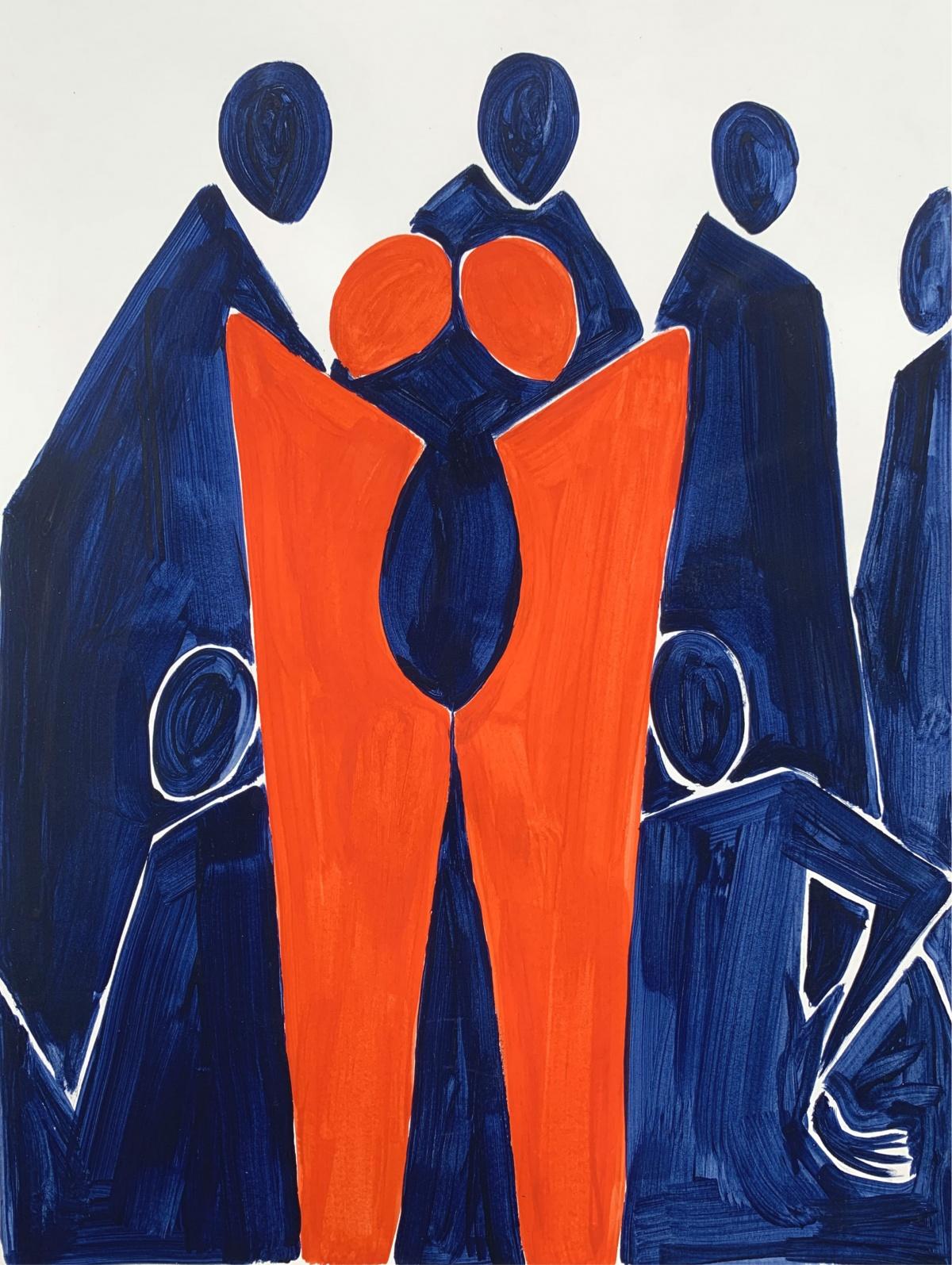 Figurative acrylic on paper painting by young professional European artist Waleria Matelska. Artwork is minimalist and composed with synthetic shapes. Painting is vibrant- main colors are blue and red. There are two red figures standing on the