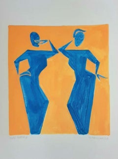 Deux personnes - Peinture figurative sur papier, jeune art minimaliste, vibrante 