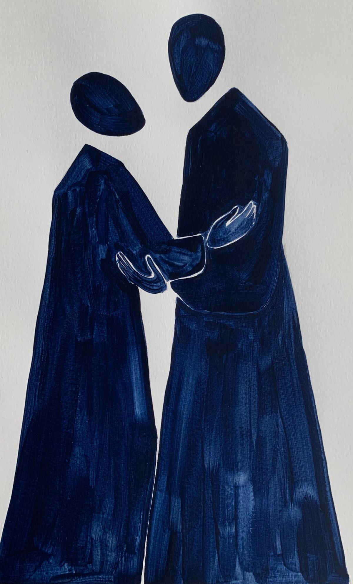 Figurative acrylic on paper painting by young professional European artist Waleria Matelska. Artwork is minimalist and composed with synthetic shapes. Painting is vibrant- main colors are navy blue. There are two figures exchanging embrace,

WALERIA