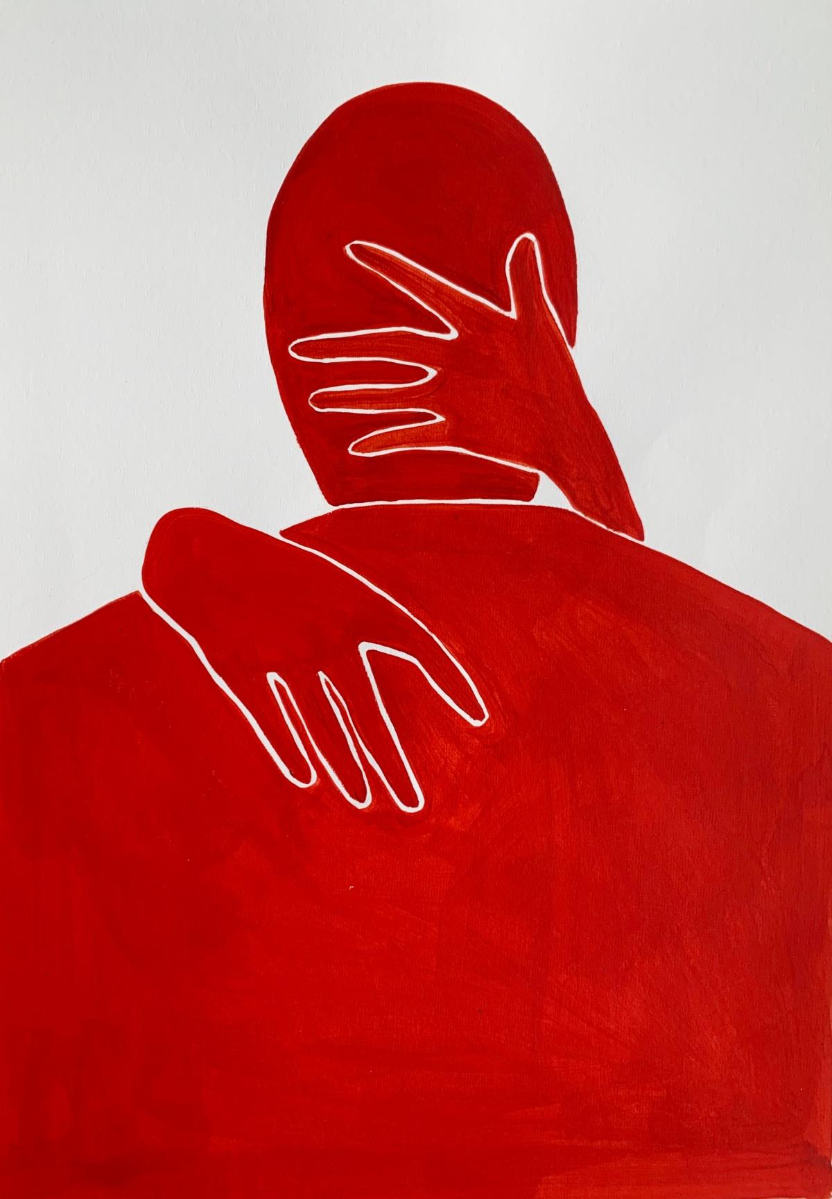 Figurative acrylic on paper painting by young professional European artist Waleria Matelska. Artwork is minimalist and composed with synthetic shapes. Painting is vibrant- main color is red. One figure is visible standing from the back and there are