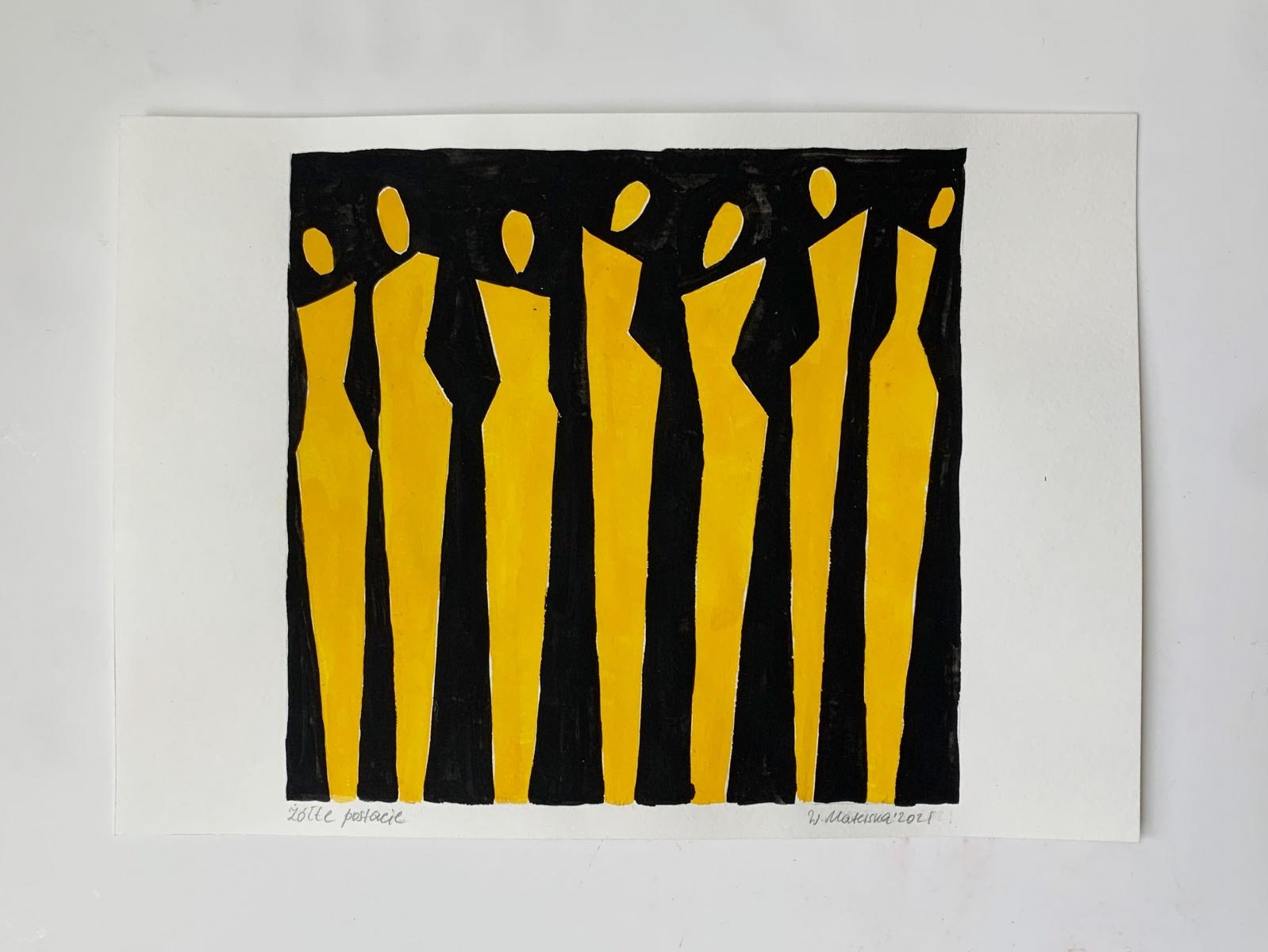 Yellow figures. Figurative Painting on Paper, Young art, Vibrant, European art For Sale 1