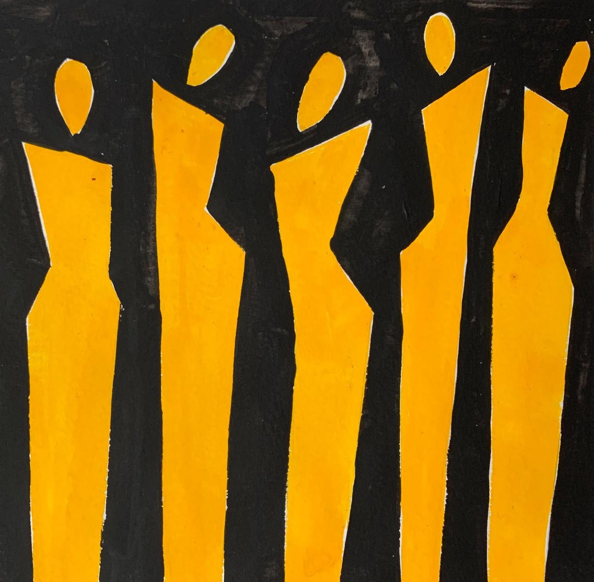 Yellow figures. Figurative Painting on Paper, Young art, Vibrant, European art For Sale 2
