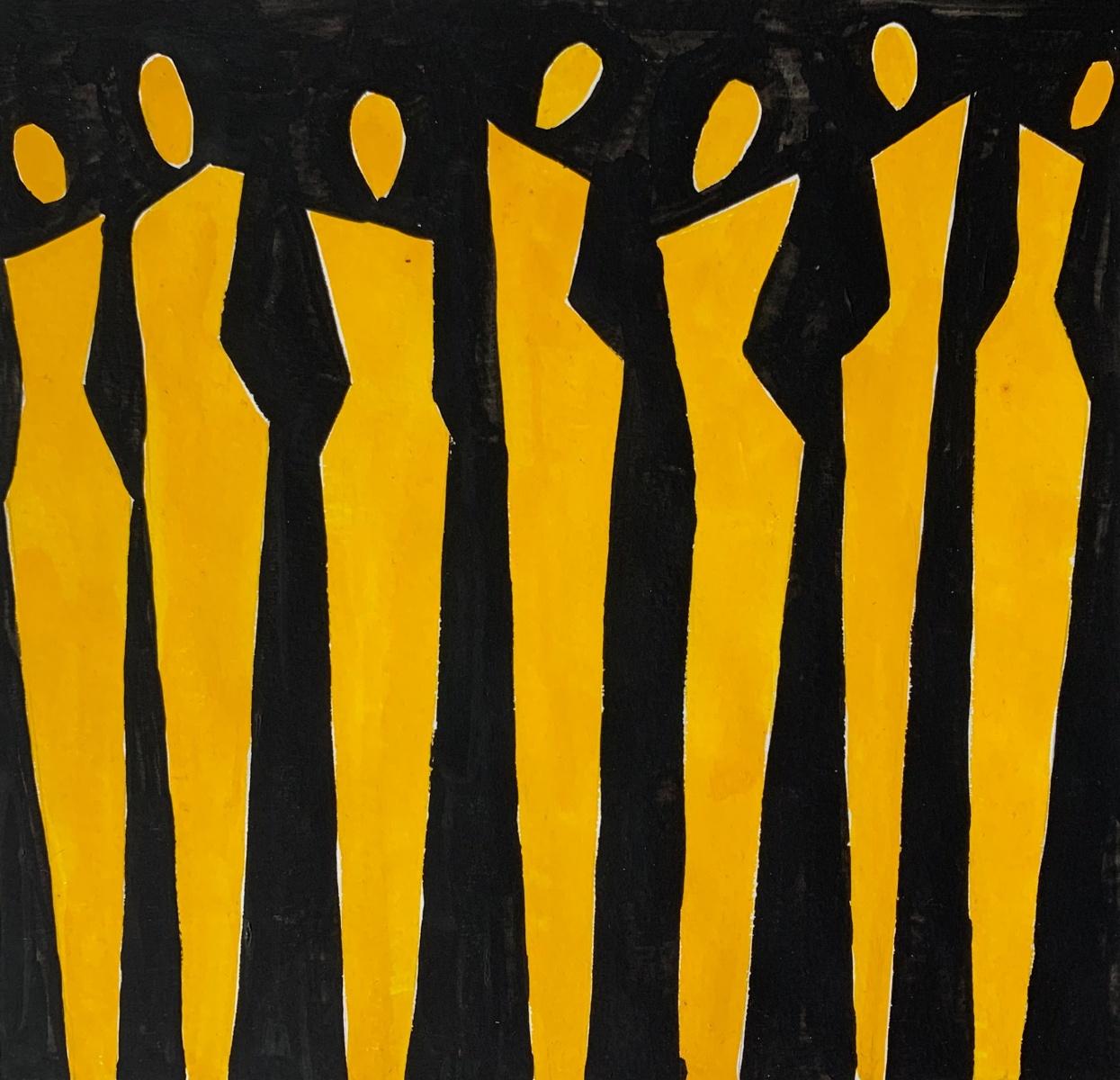 Figurative acrylic on paper painting by young professional European artist Waleria Matelska. Artwork is minimalistic and composed with synthetic shapes. Painting is vibrant- main colors are yellow and black. There are many human figures on the