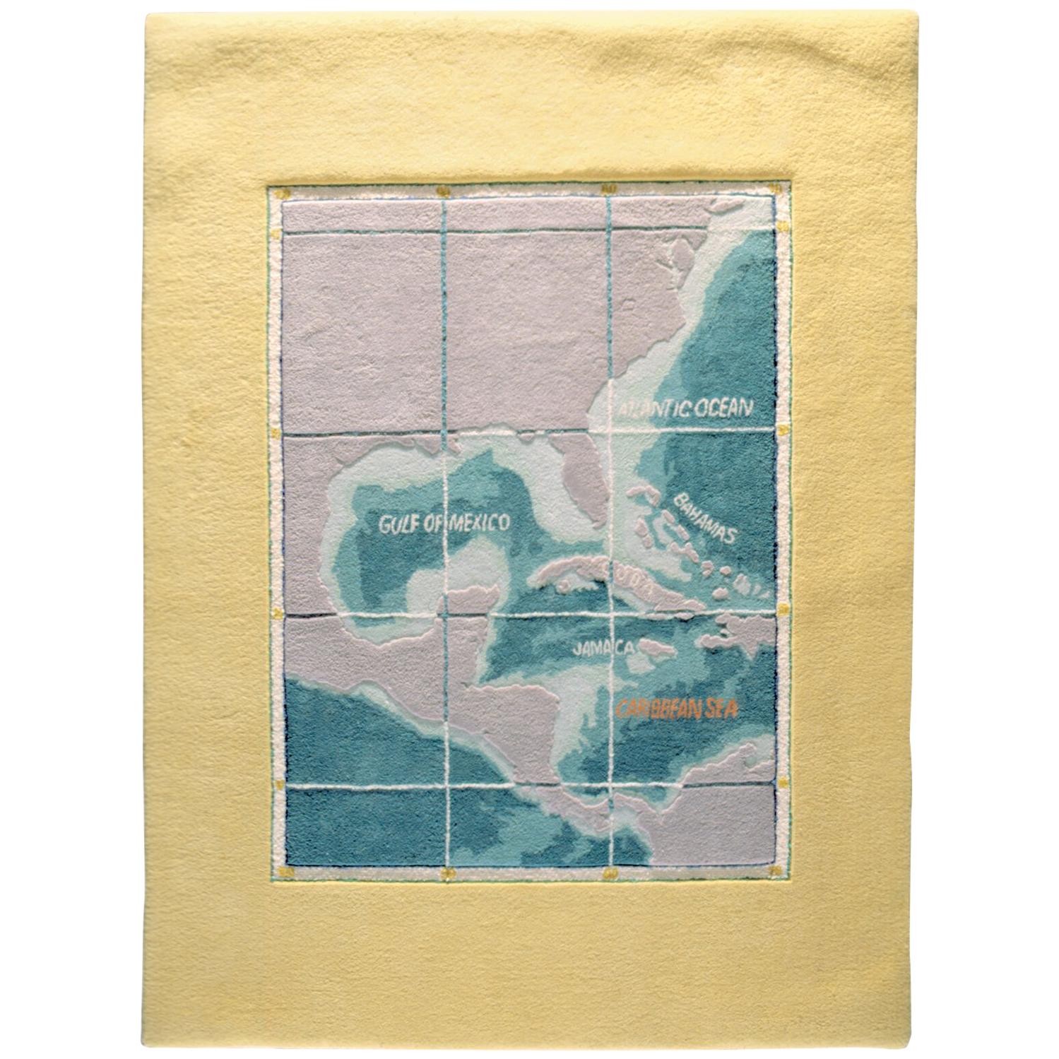 Yellow and Blue Gulf Map 'Walk on Water' Handtufted Wool Rug im Angebot