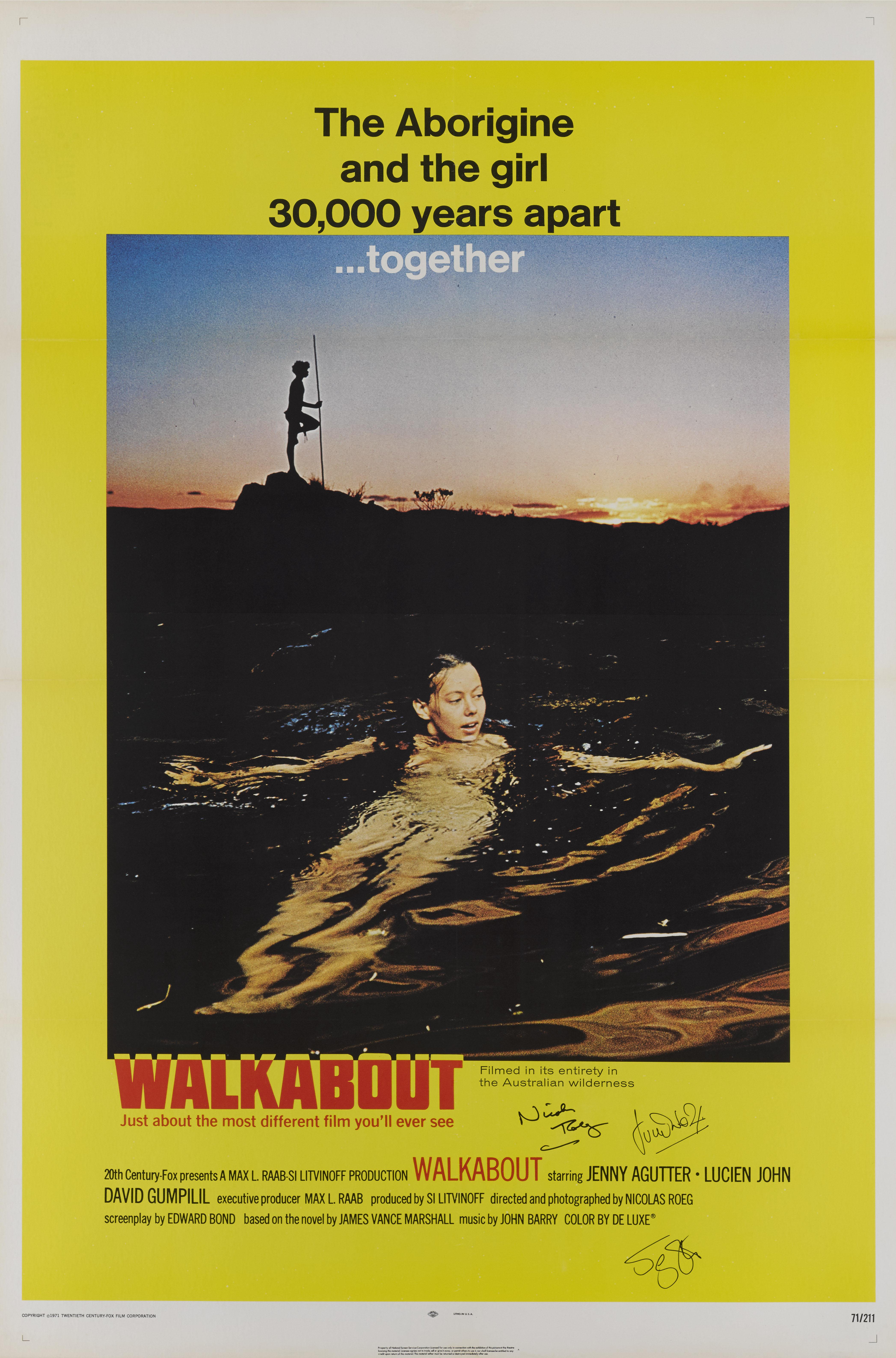 Original US film poster for 1971 film Walkabout. This film was directed by Nicolas Roeg, and stars Jenny Agutter, David Gulpilil and Luc Roeg. It is the story of two siblings from the city, who are inadvertently stranded in the Australian outback.