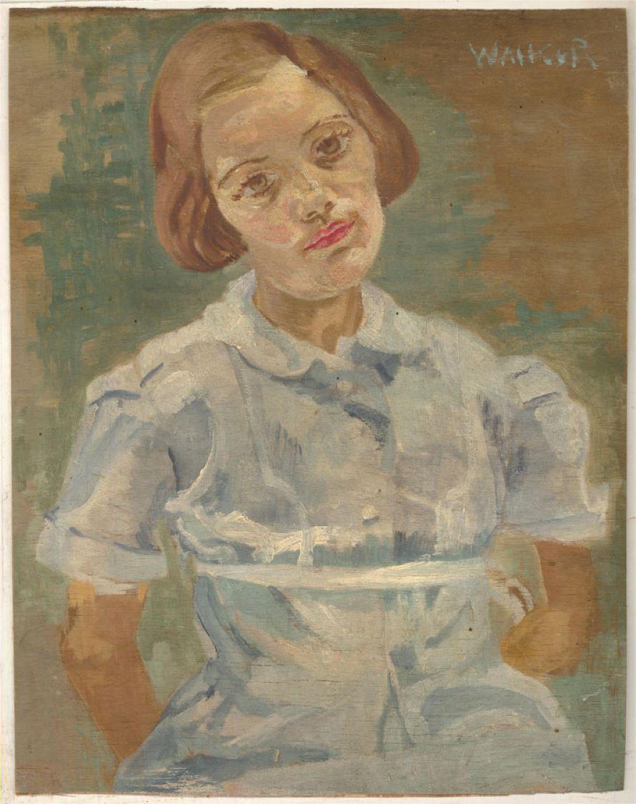 Un ritratto femminile e delicato di una giovane donna in uniforme da infermiera degli anni '60. L'artista ha apposto la sua firma nell'angolo in alto a destra e c'è un secondo dipinto non finito sul retro, che mostra un cameriere e un nobile. Su