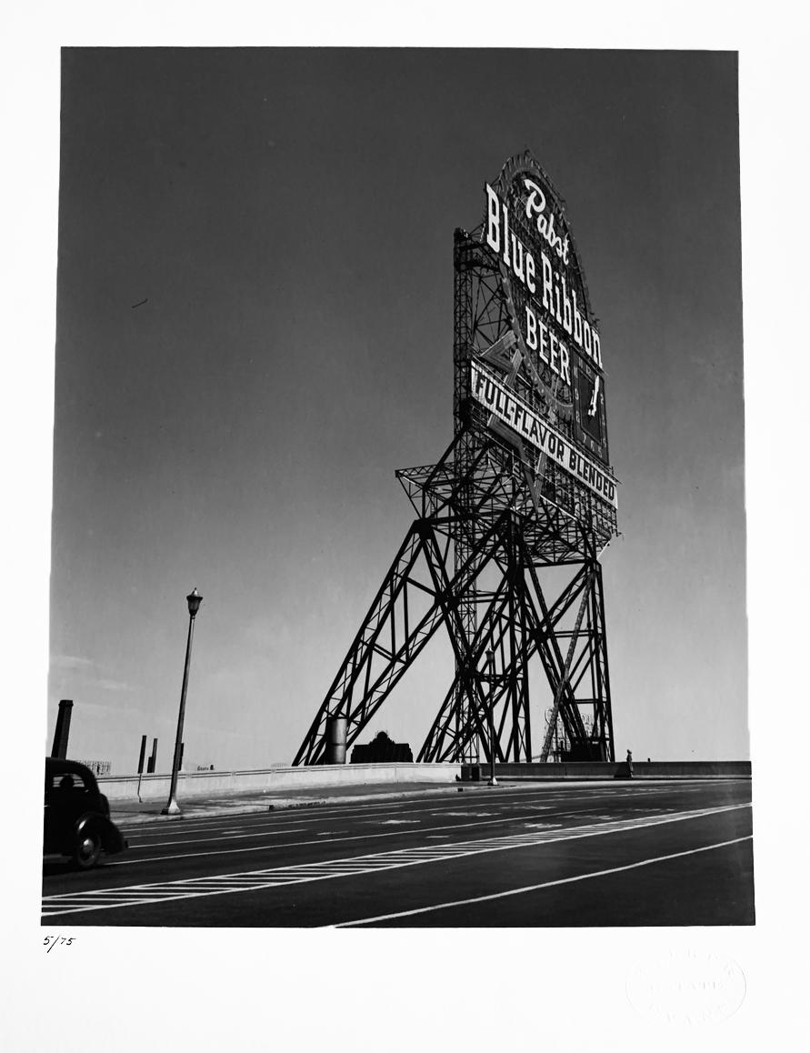 Pabst Blue Ribbon Sign, Chicago, USA, Black and White Landscape Photography