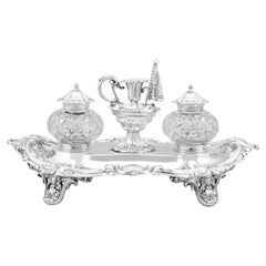 Walker & Hall Antique Edwardian Sterling Silver and Glass Desk Standish
