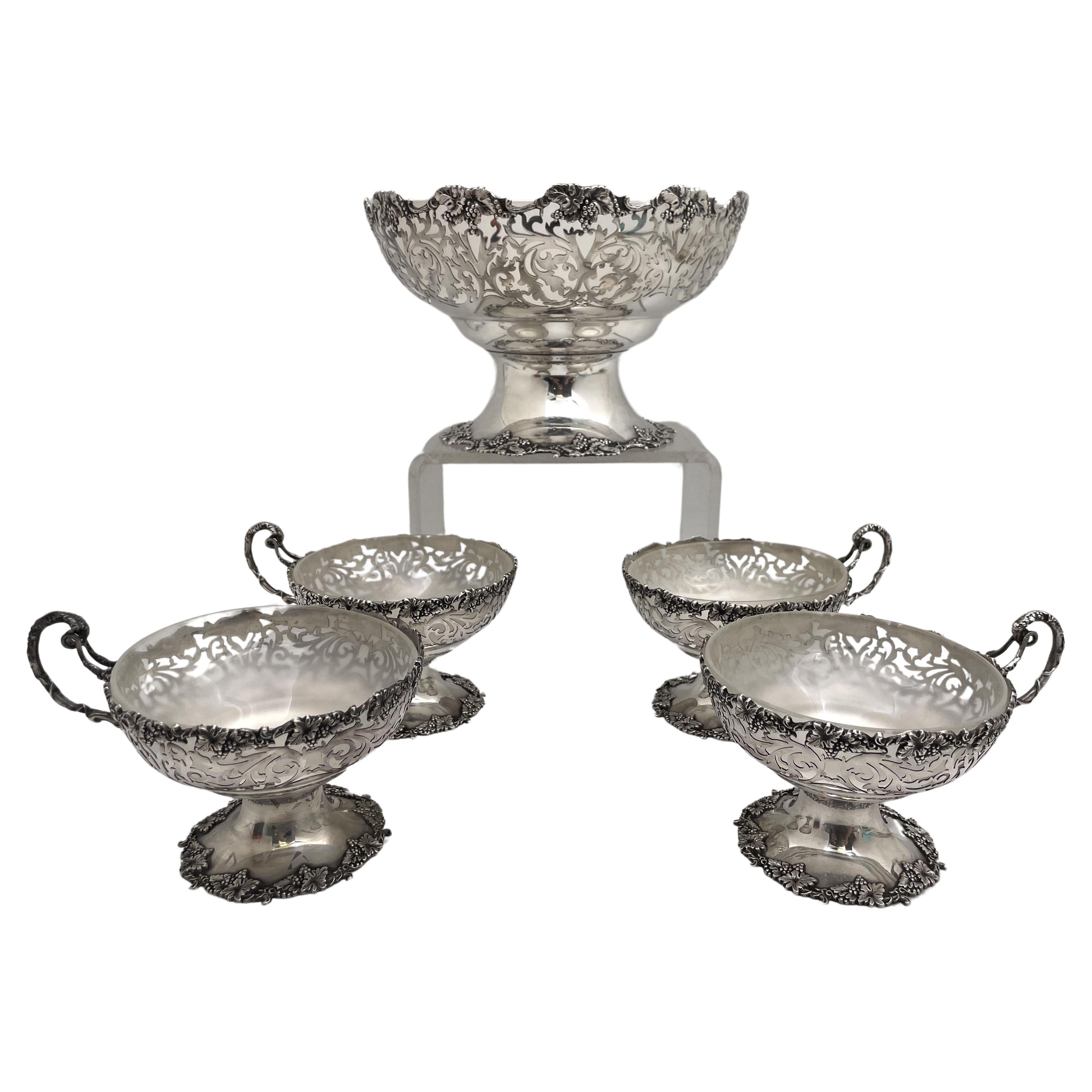 Walker & Hall English Sterling Silver & Glass 1930 Punch Bowl Set with 4 Cups For Sale