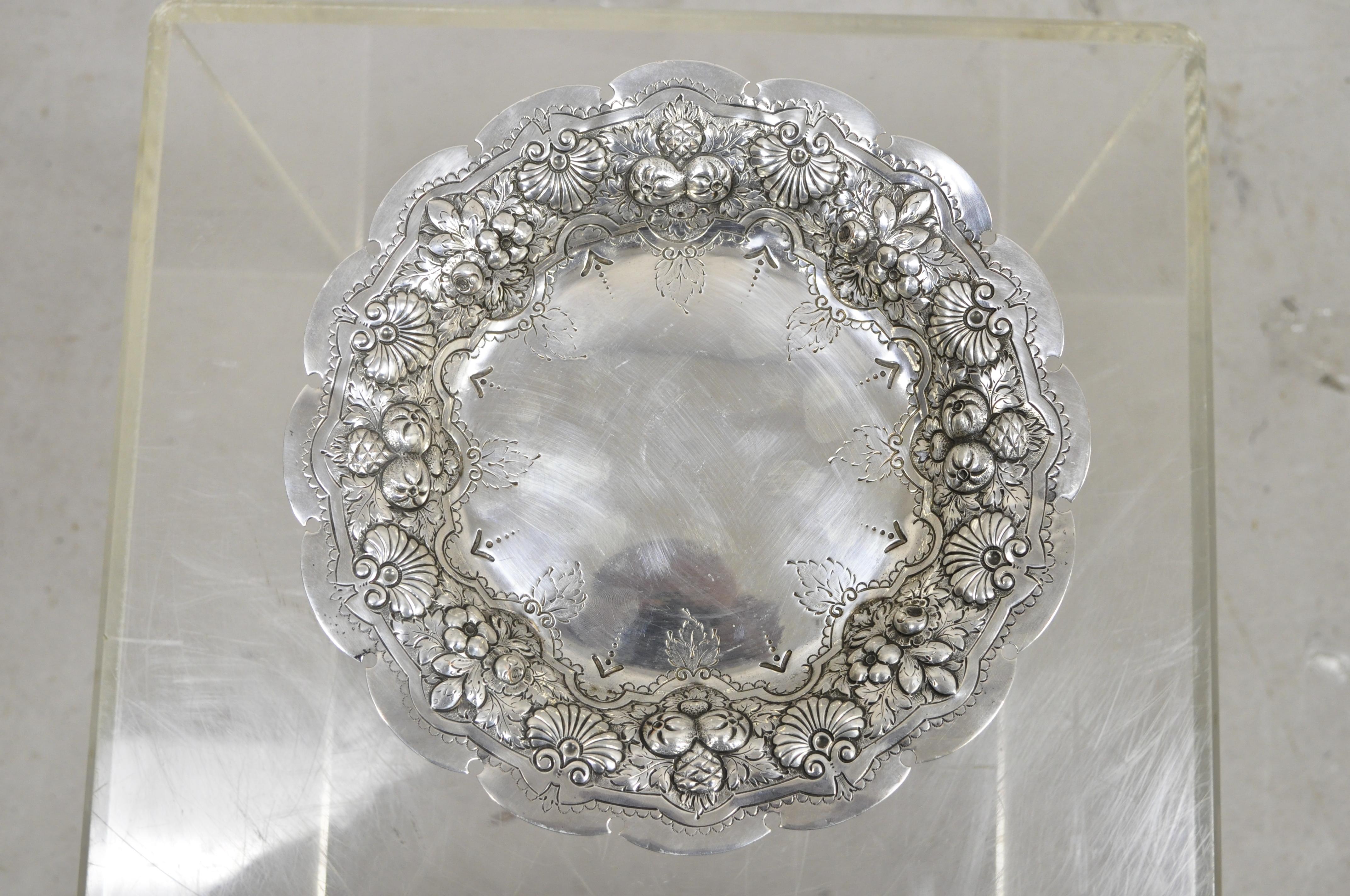 Walker & Hall Sheffield silver plate Regency fruit shell compote platter stand. Item features a pierce carved scalloped edge, fruit and shell border, marked 