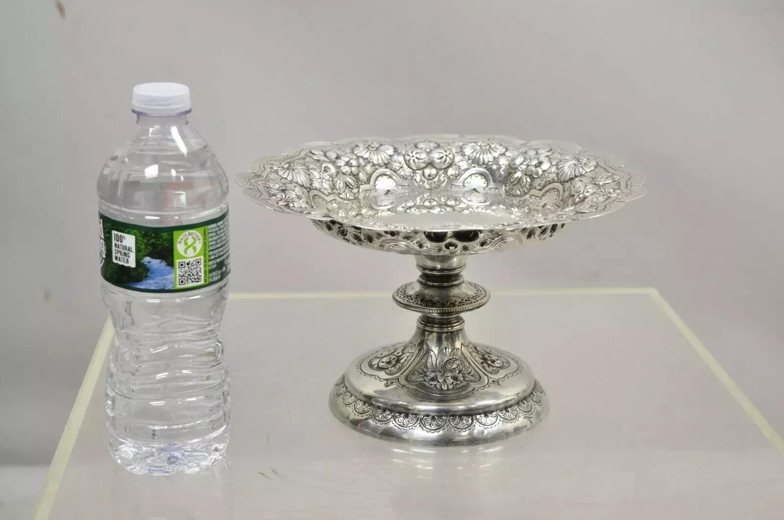 Antique Walker & Hall Sheffield Silver Plated Regency Fruit Shell Compote Platter Stand. Item features a pierce carved scalloped edge, fruit and shell border, marked 