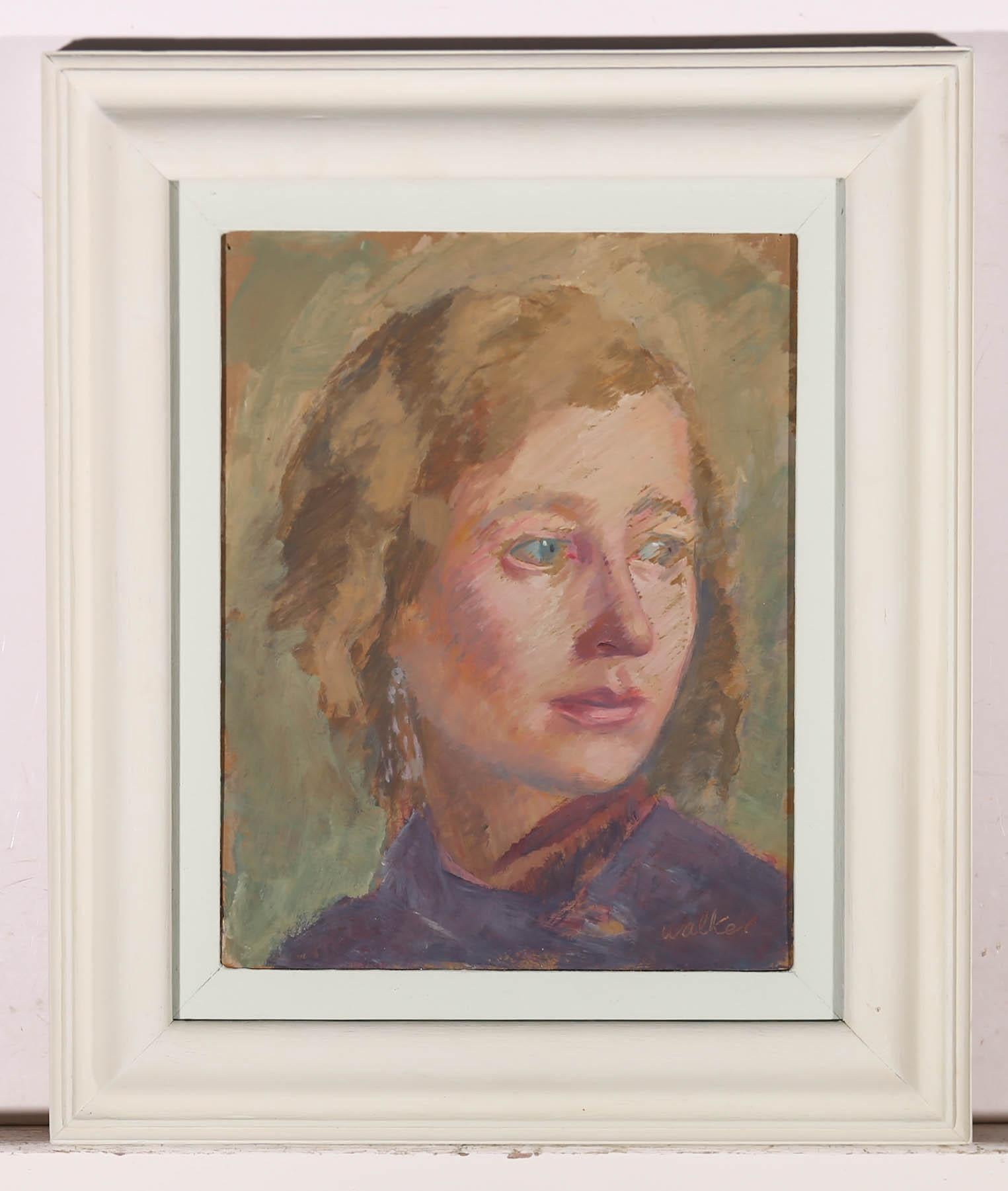 Walker - Framed Mid 20th Century Oil, Portrait of a Lady in Purple 1