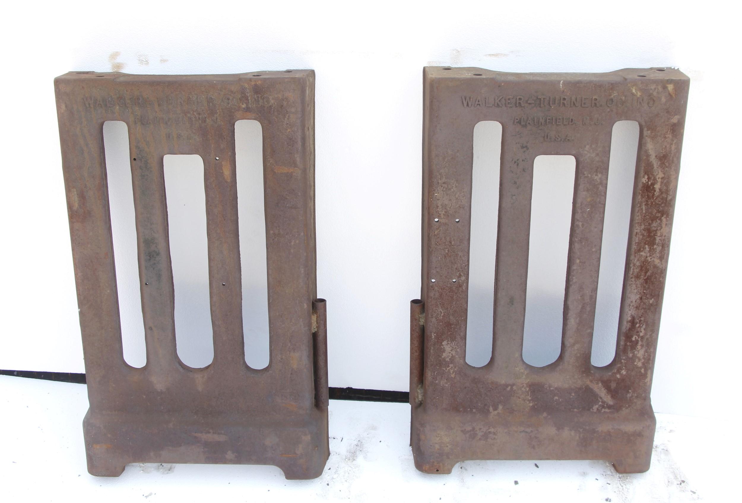 This pair of antique heavy cast iron machine legs were made by The Walker Turner Co. (the name is embossed). The Walker Turner Co. established its headquarters in Plainfield, NJ in 1931 after moving from Jersey City, NJ. During this time they made