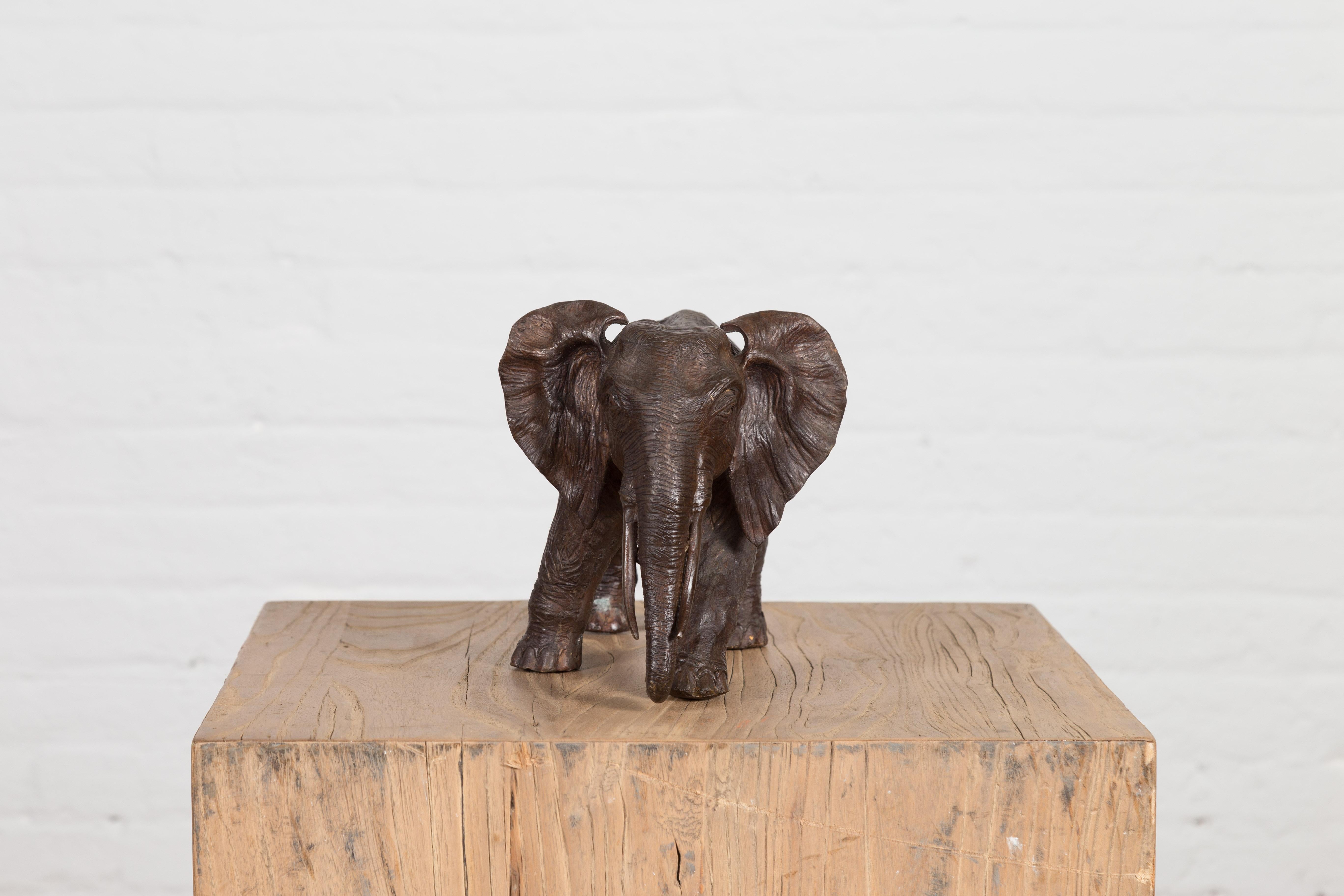 Walking Baby Elephant Lost Wax Cast Bronze Tabletop Sculpture with Dark Patina For Sale 6