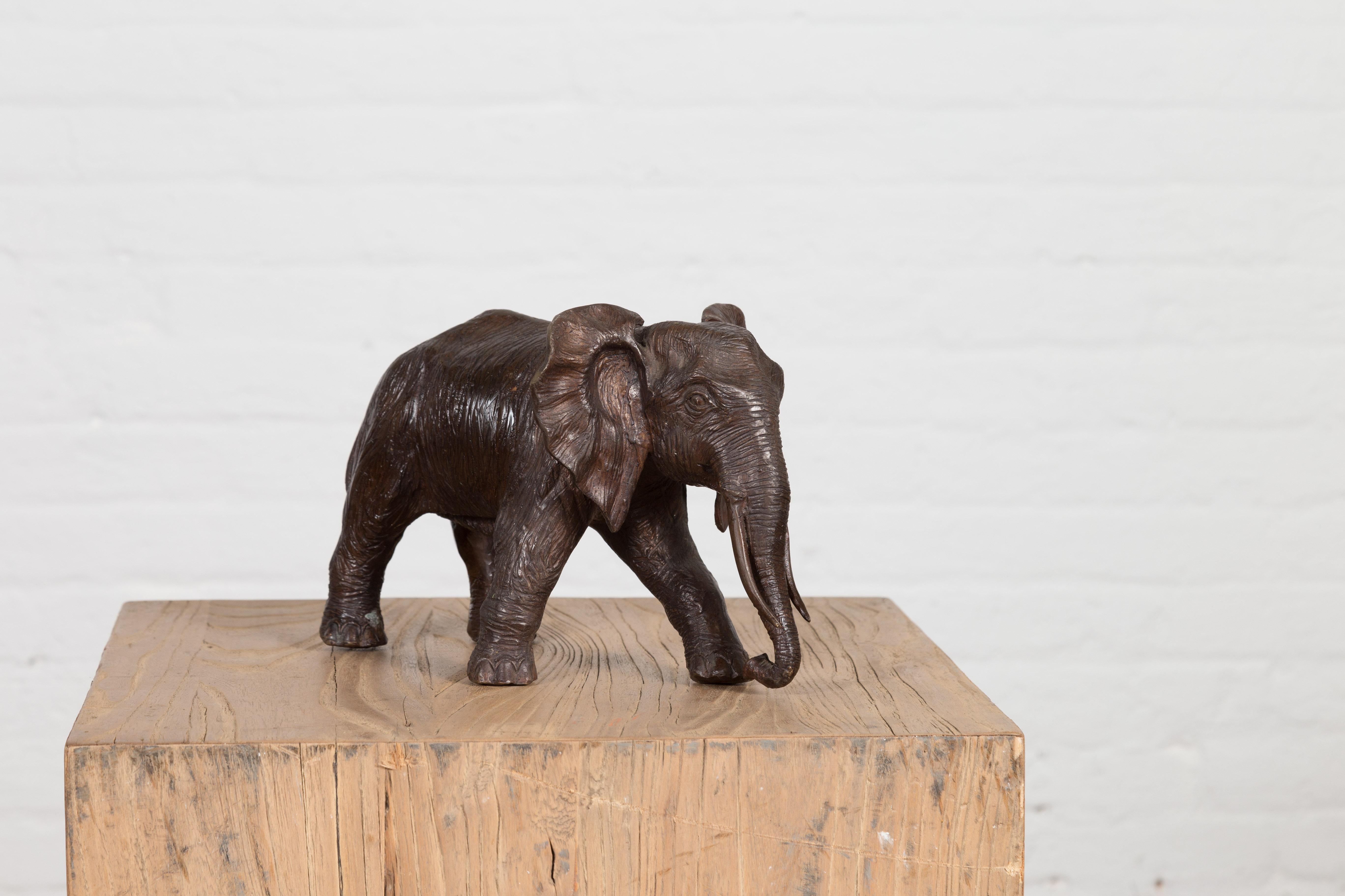 Walking Baby Elephant Lost Wax Cast Bronze Tabletop Sculpture with Dark Patina For Sale 7