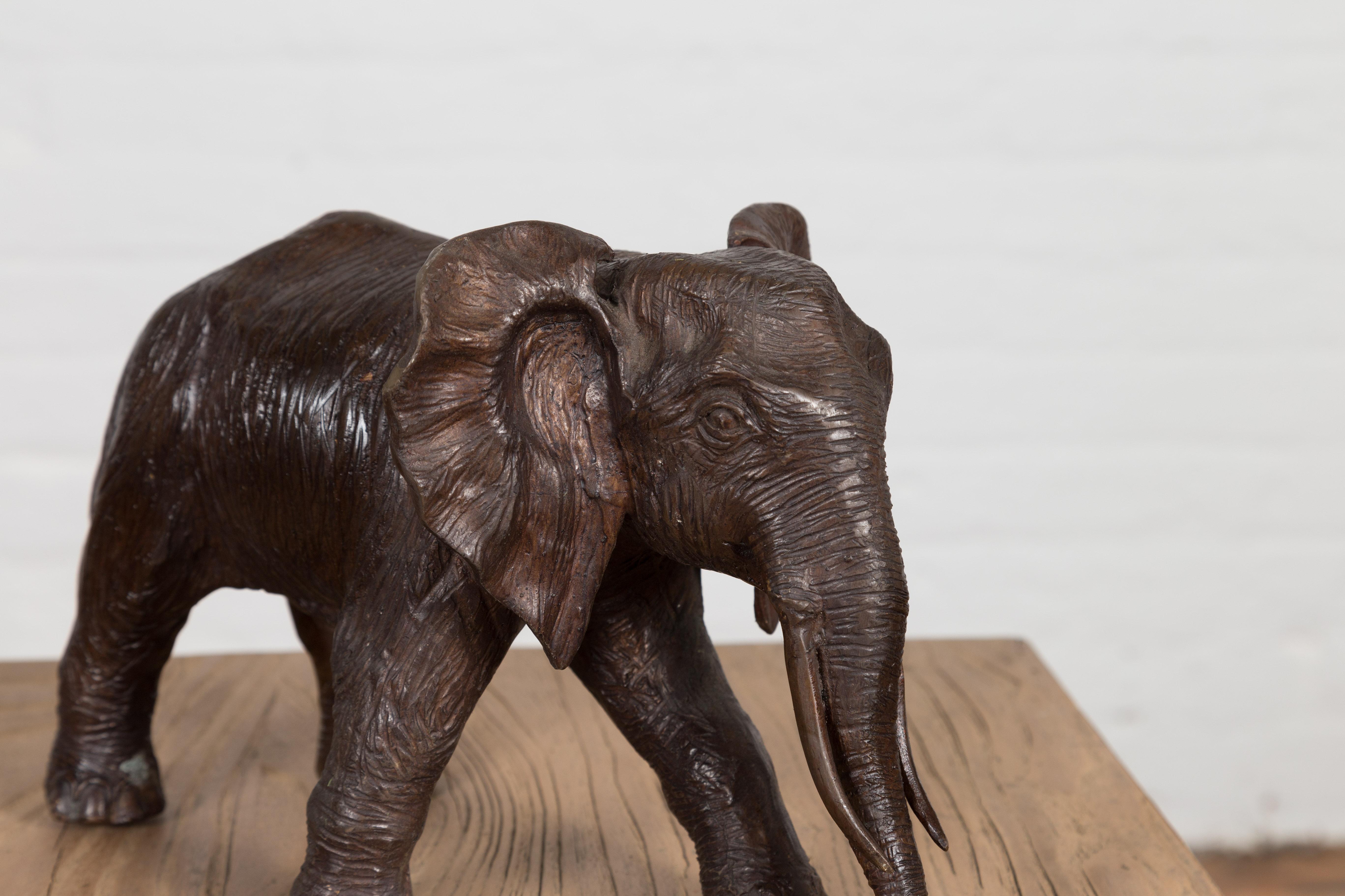 Walking Baby Elephant Lost Wax Cast Bronze Tabletop Sculpture with Dark Patina For Sale 8