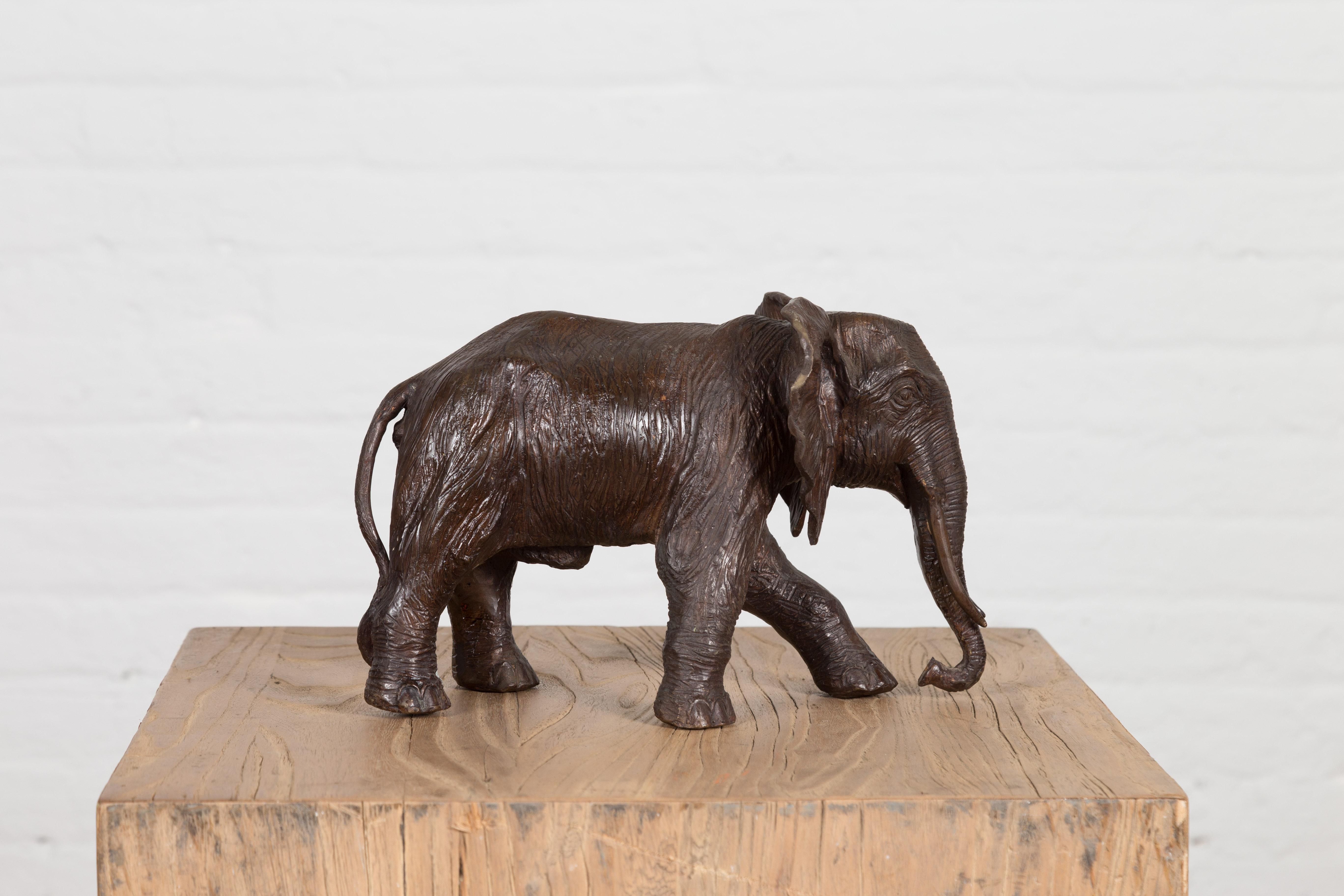 Walking Baby Elephant Lost Wax Cast Bronze Tabletop Sculpture with Dark Patina For Sale 9