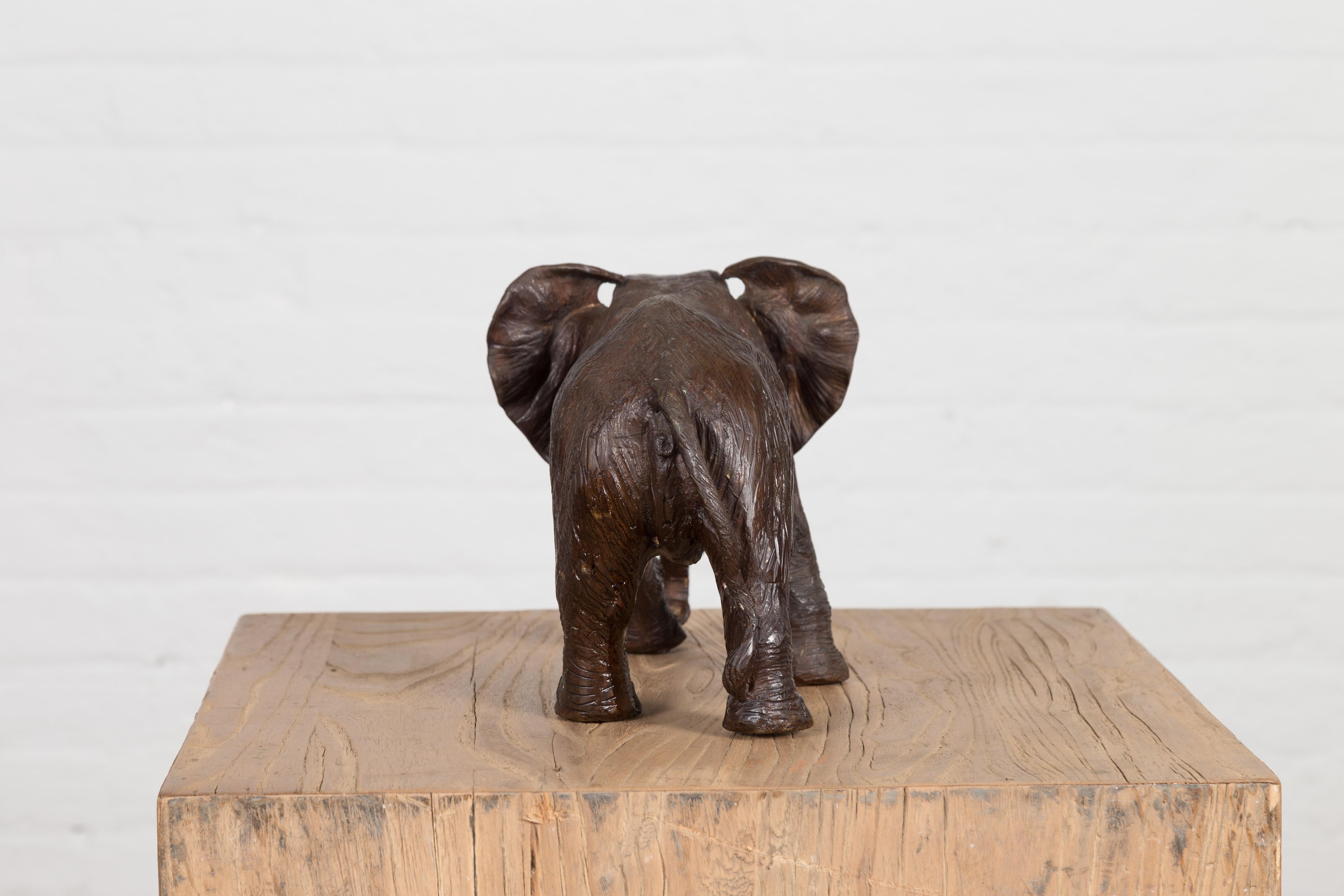 Walking Baby Elephant Lost Wax Cast Bronze Tabletop Sculpture with Dark Patina For Sale 10